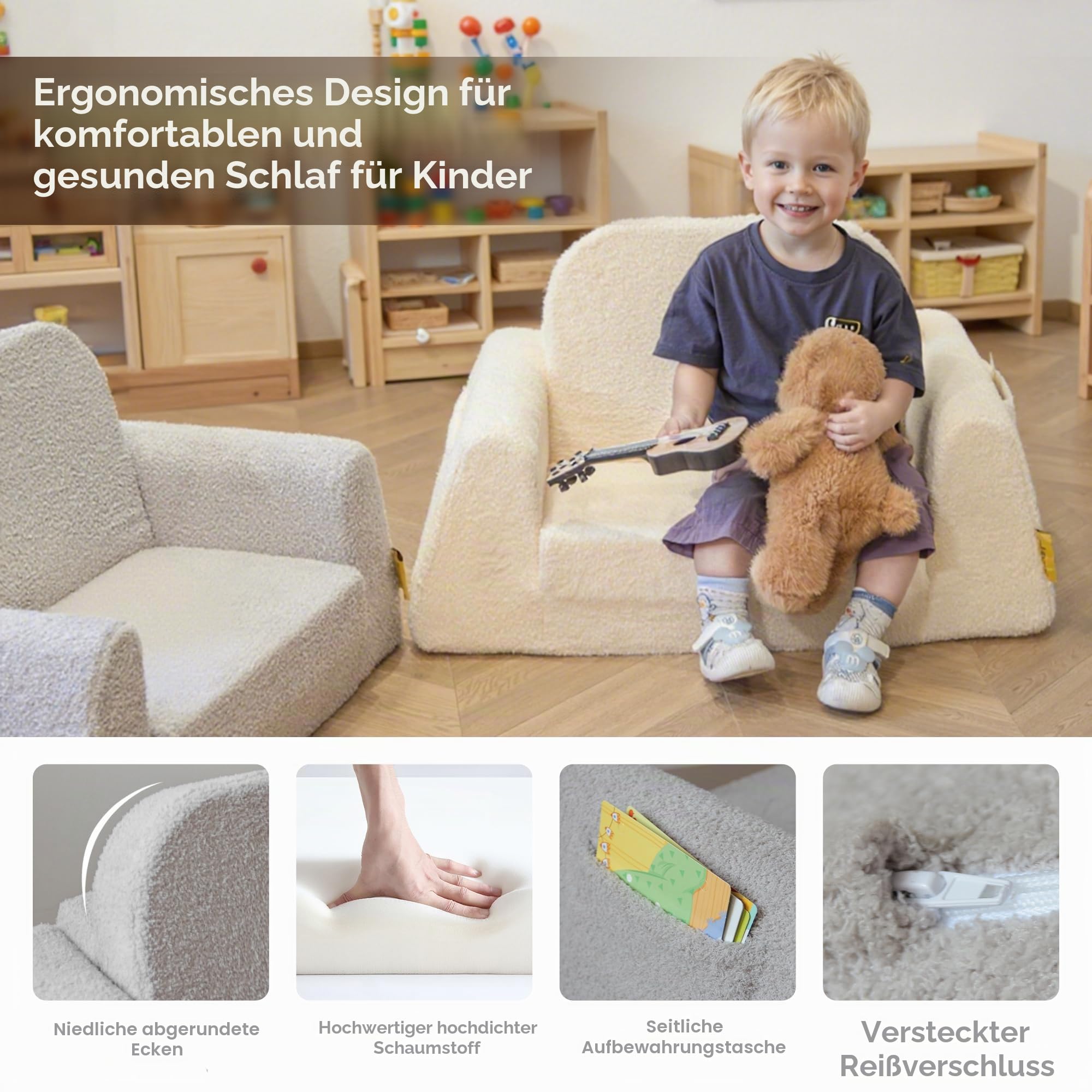 Kindersofa Ausklappbar, 2-in-1 Sofa Bett für Kinder, Grau - 2-in1 Multifunktion