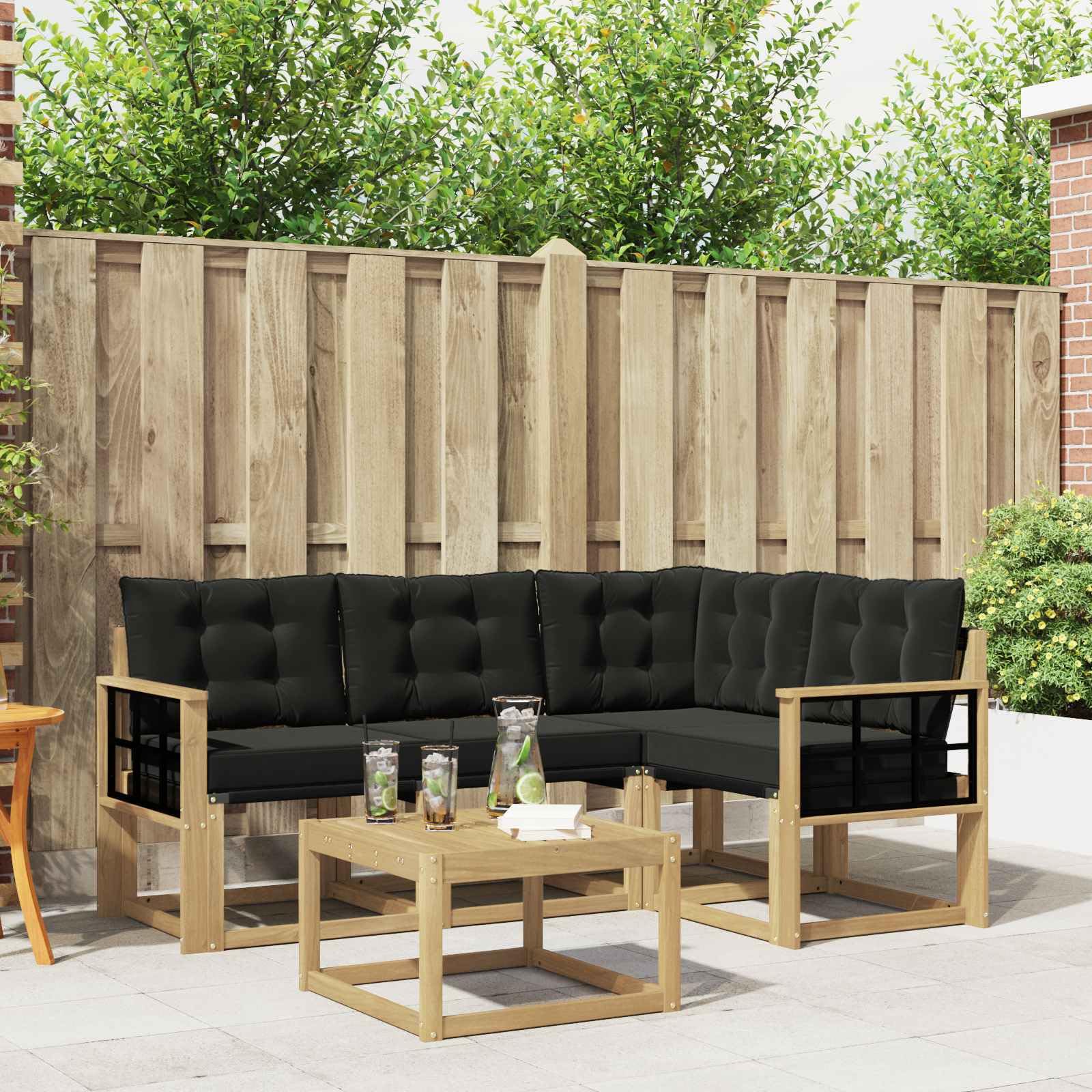 Ensemble de jardin 5 pièces en acacia avec canapé design et coussins amovibles