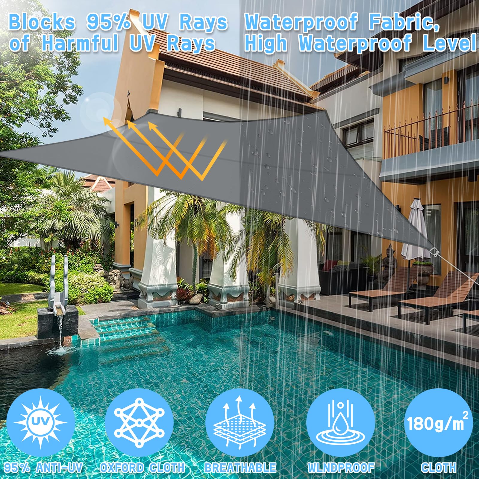 Vela Ombreggiante Rettangolare 3x4 m, Tenda da Sole per Esterno, Impermeabile Protezione UV 95%, Tenda a Vela per Terrazza, Giardino, Balcone, Campeggio (Grigio)