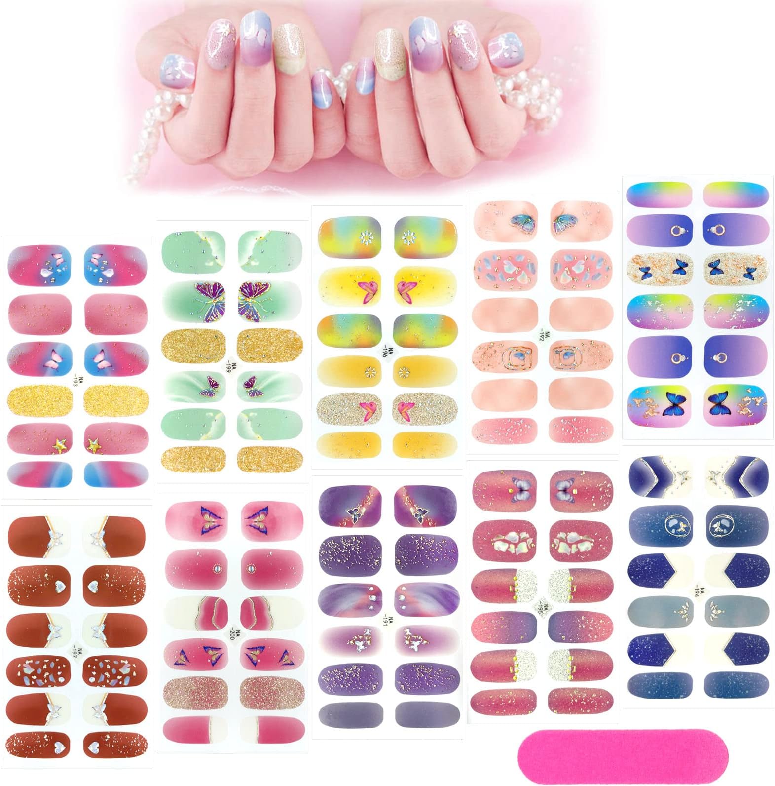 MWOOT 10 Sheets Butterfly Full Wraps Nail Polish Stickers with Nail File, Self Adhesive Nail Art Decals Strips Nail Designs, Full Cover Nail Decal Strips DIY Manicure Kit Nail Decoration for Women