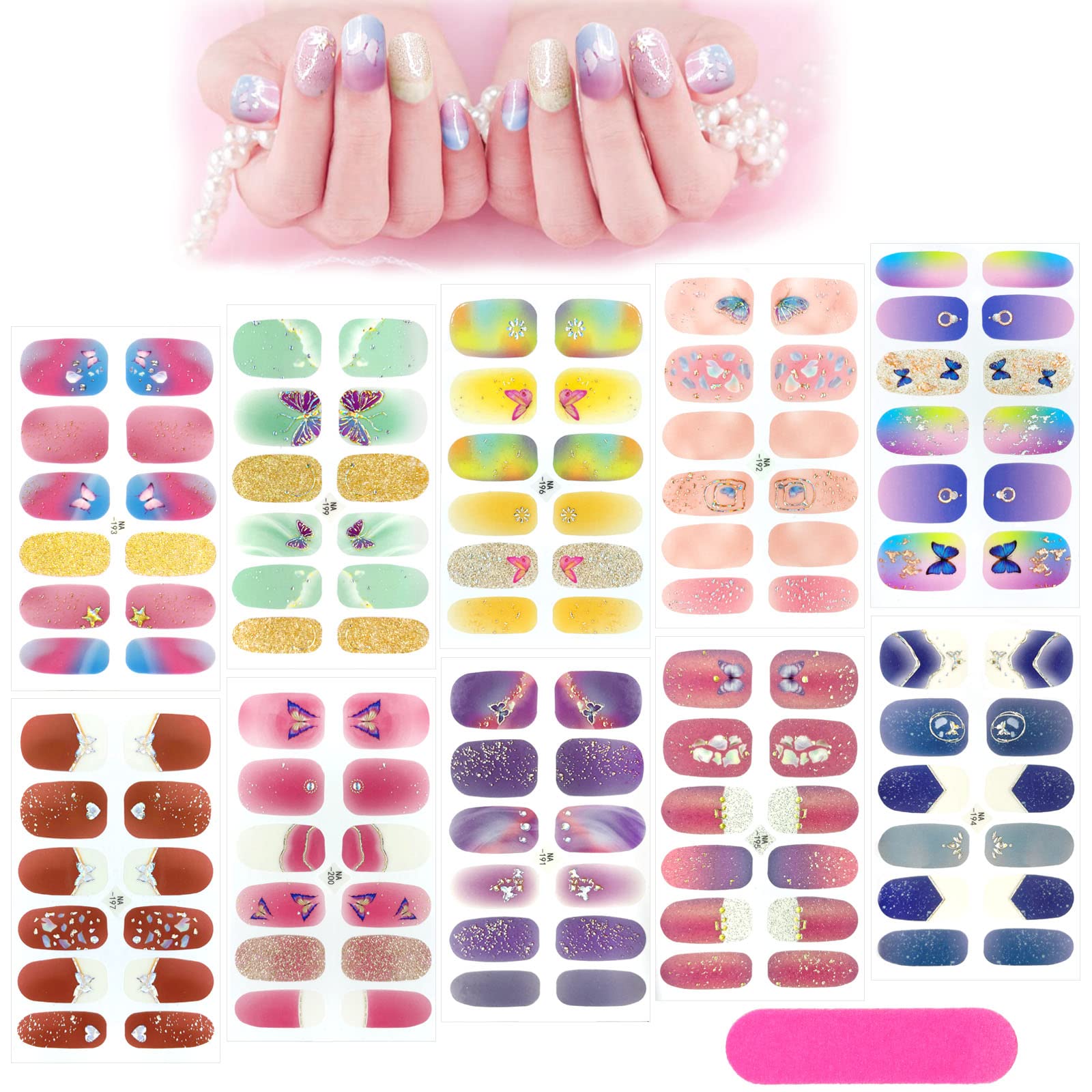 MWOOT 10 Sheets Butterfly Full Wraps Nail Polish Stickers with Nail File, Self Adhesive Nail Art Decals Strips Nail Designs, Full Cover Nail Decal Strips DIY Manicure Kit Nail Decoration for Women