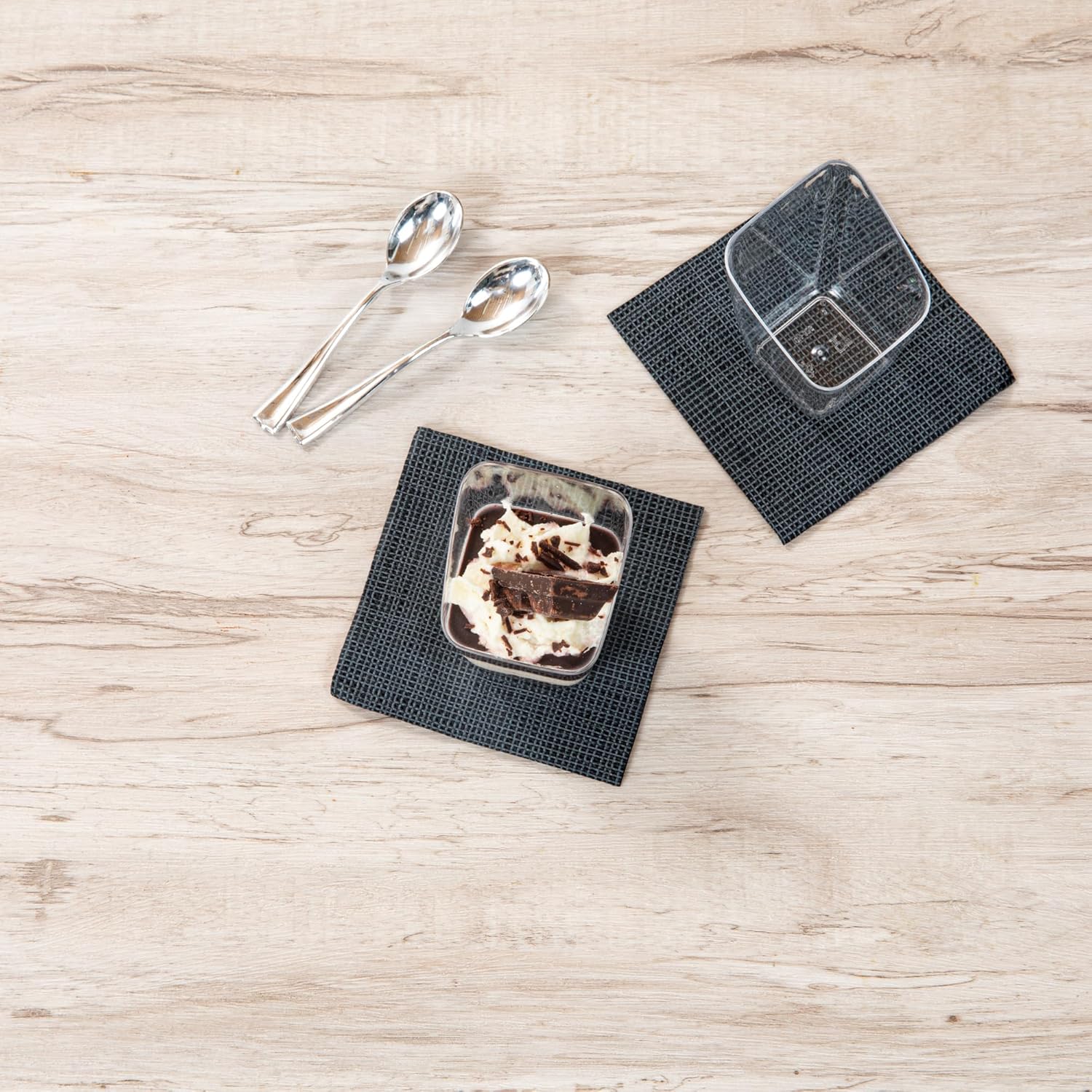 Restaurantware Mini Serve 2.4 Ounce Square Dessert Cups, 100 Disposable Pudding Cups With Lids - Slanted Design, Stackable, Clear Plastic Parfait Cup With Lids, For Dessert Delivery Orders