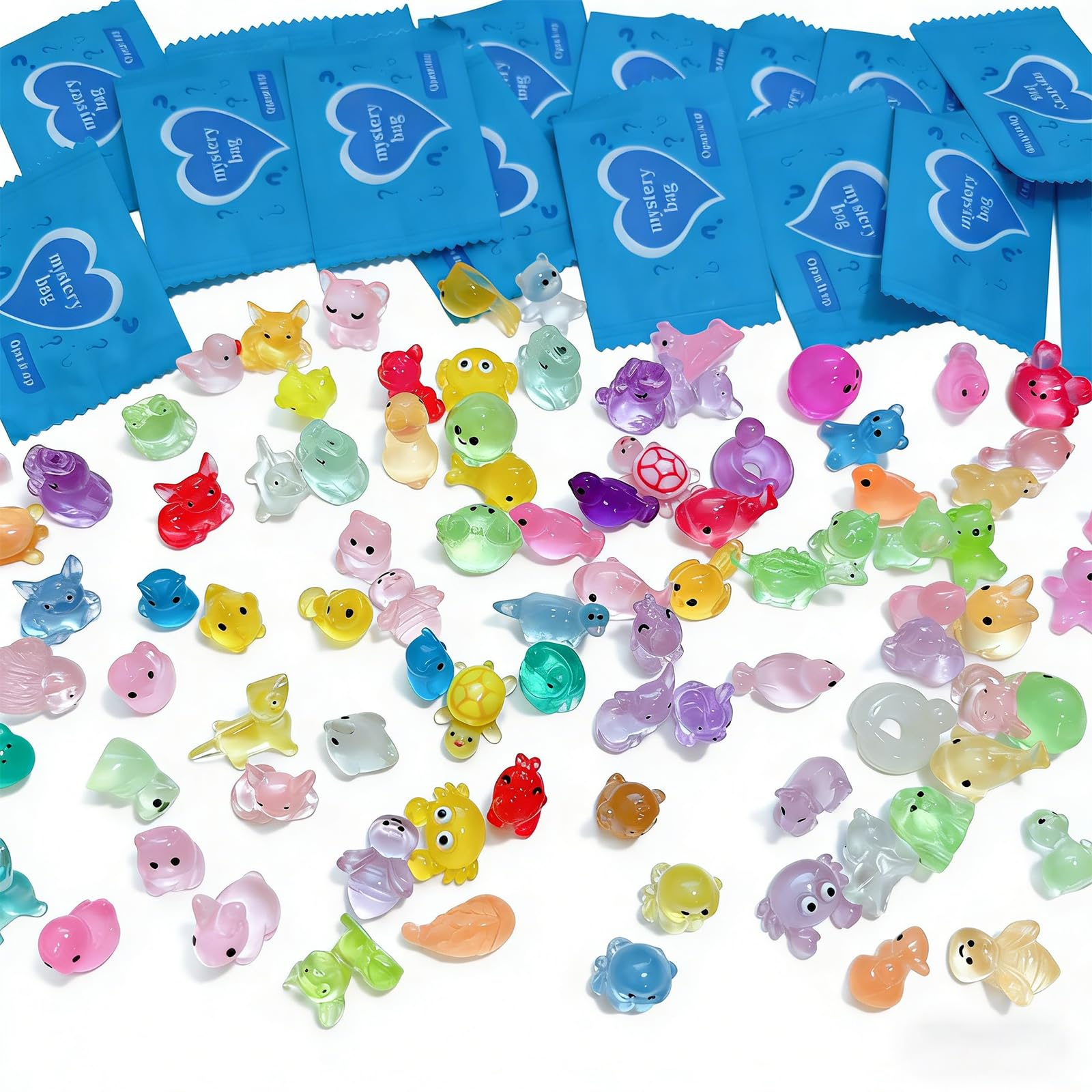 atnayo Tiny Mixed Mystery Bags, 200Pcs Mini Resin Animals, Small Plastic Animal Figures Glow in the Dark for DIY Crafts Party Favors