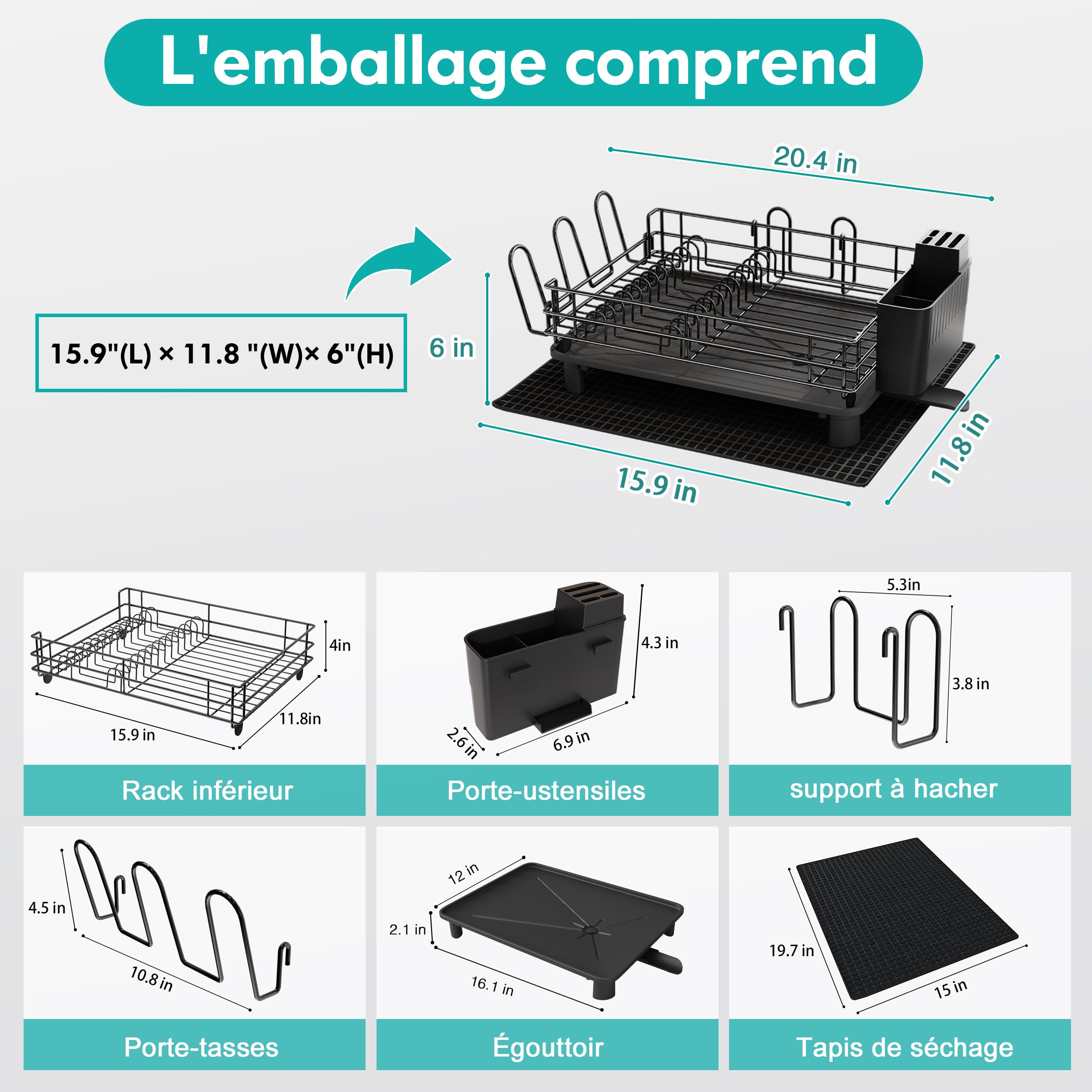 MAJALiS Kitchen Dish Drainer with Cup Holder and Utensil Holder, Stainless Steel Black Dish Drying Rack with Automatic Draining and Drying Mat