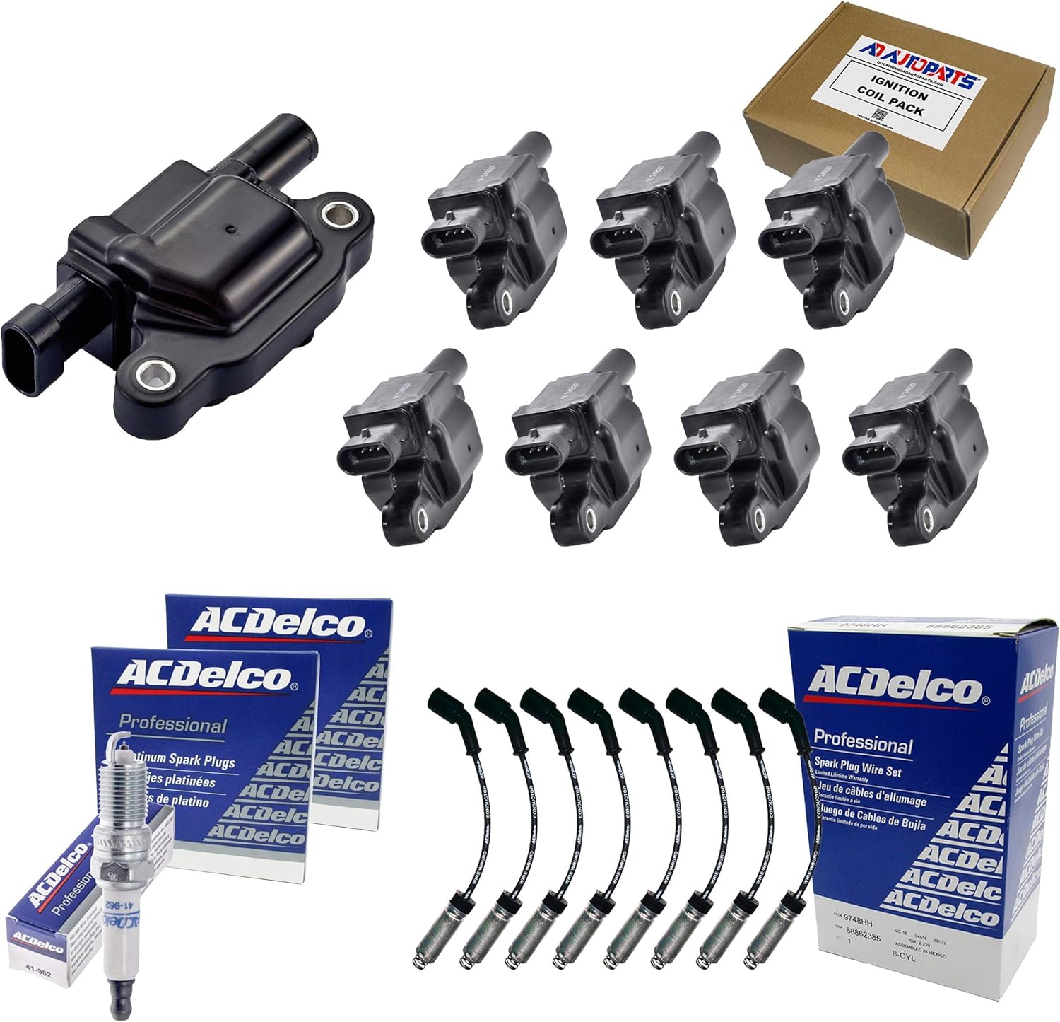 8 AD Auto Parts Ignition Coils + 8 OEM 41-962 Double Platinum Spark Plugs + 8 OEM 9748HH Spark Plug Wires Compatible With D513A