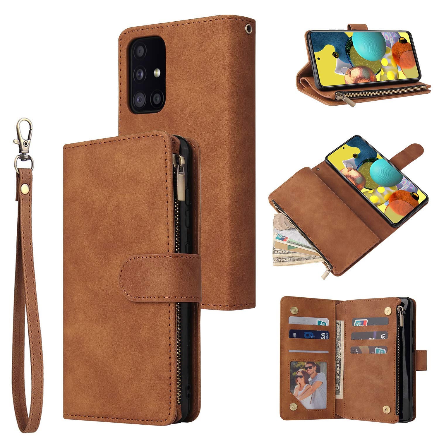 RANYOK Compatible with Galaxy A32 5G Wallet Case, Premium PU Leather Zipper Flip Folio with Card Slot Wrist Strap Magnetic Closure Built-in Kickstand Protective Case (Brown)