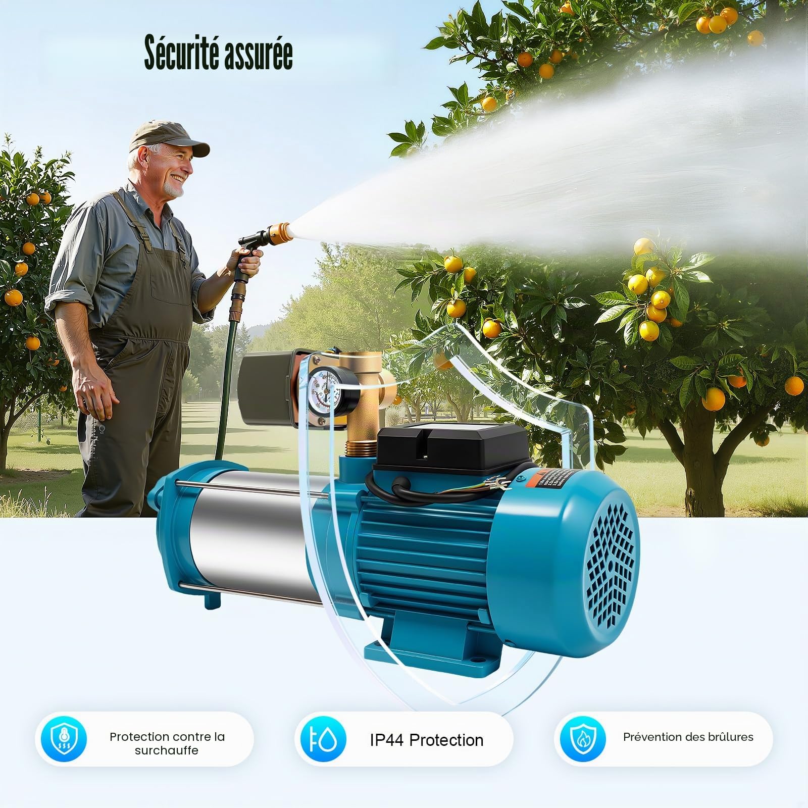 Pompe Centrifuge en Acier Inoxydable 1300W 4000L/h 9.8 Bar avec Manomètre Pompe a Eau Max. Ascenseur 98m Pompe à Jet pour L'irrigation Fermes, Étangs, Jardins et Fontaines