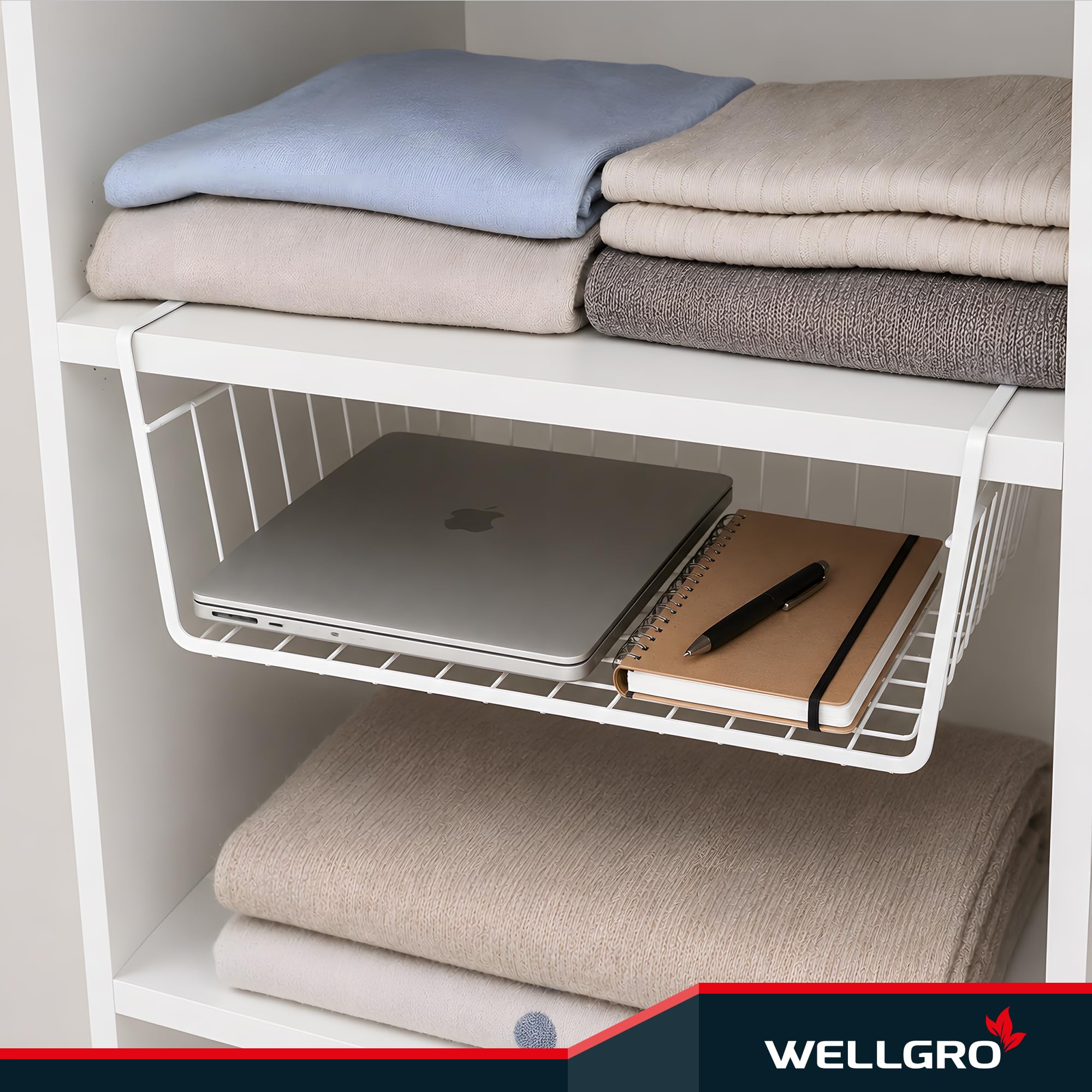 WELLGRO Corbeilles à suspendre en métal –Créez un espace supplémentaire – Métal, Blanc, env. 41 x 25 x 14 cm (L x l x h),Lot de 4