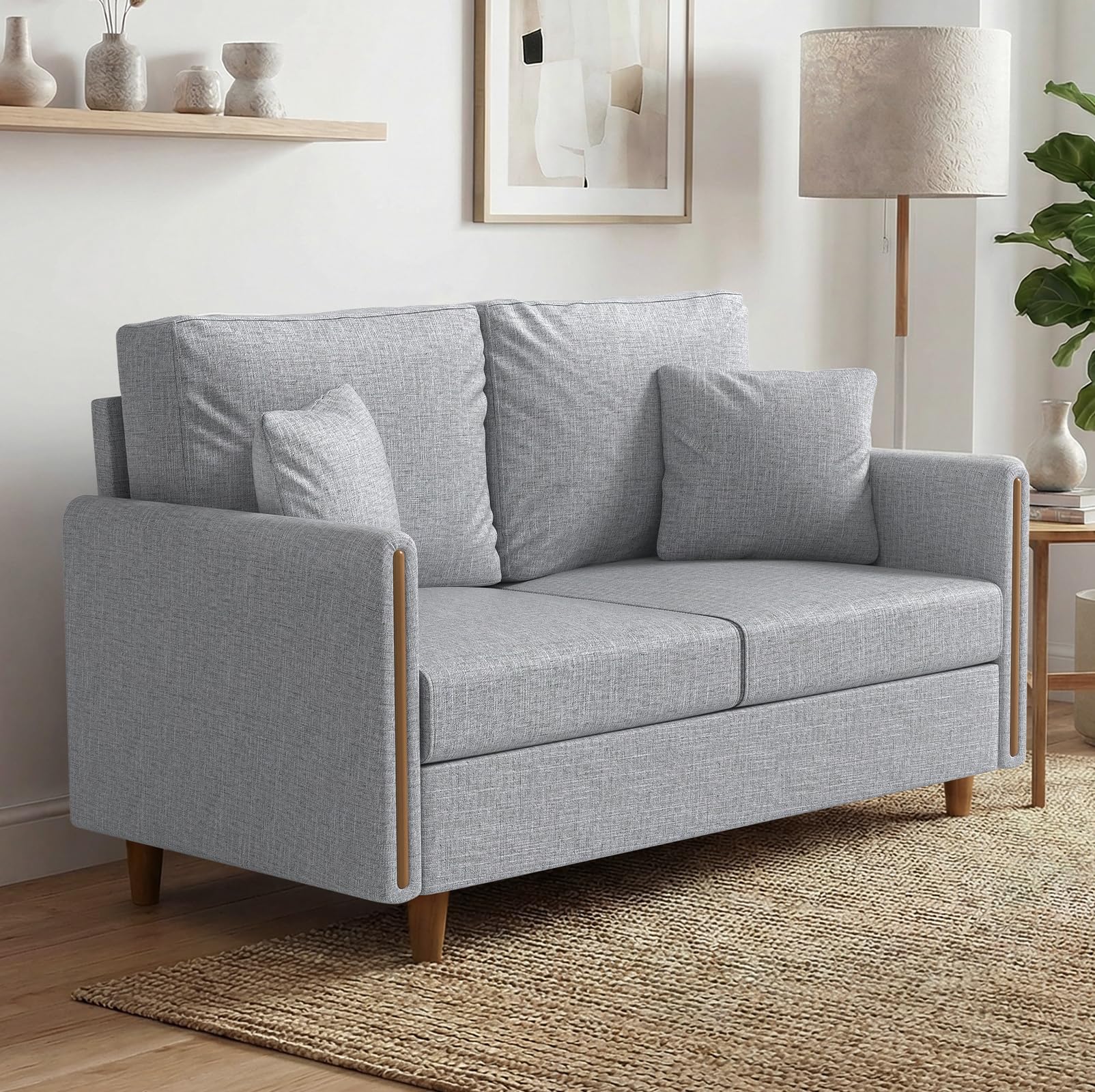 Sofa 2 Sitzer Kleine Couch mit Armlehne, 2 Zierkissen, 127 x 71 x 87 cm Zweisitzer Sofa Modern, Loveseat, Stoffsofa für Wohnzimmer, Schlafzimmer, Wohnung, Büro, Wohnung Einfache Montage