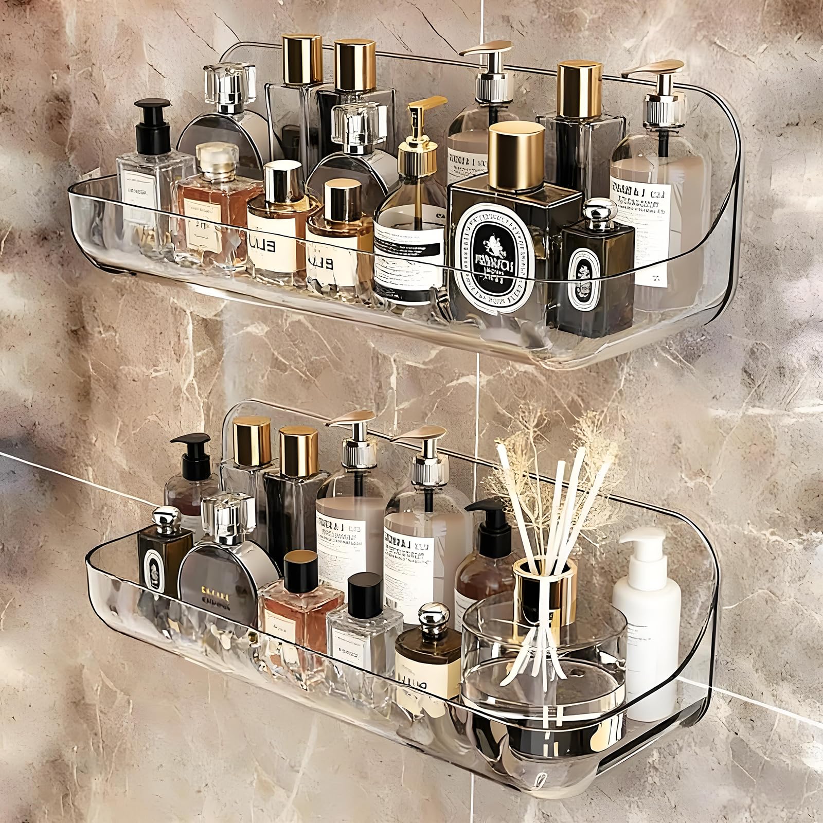 CasaVibe 2 PCS Acrylic Wall Mounted Transparent Shelf Non Drilled Wall Adhesive Bathroom Shelf with Self-adhesive Tape Suitable