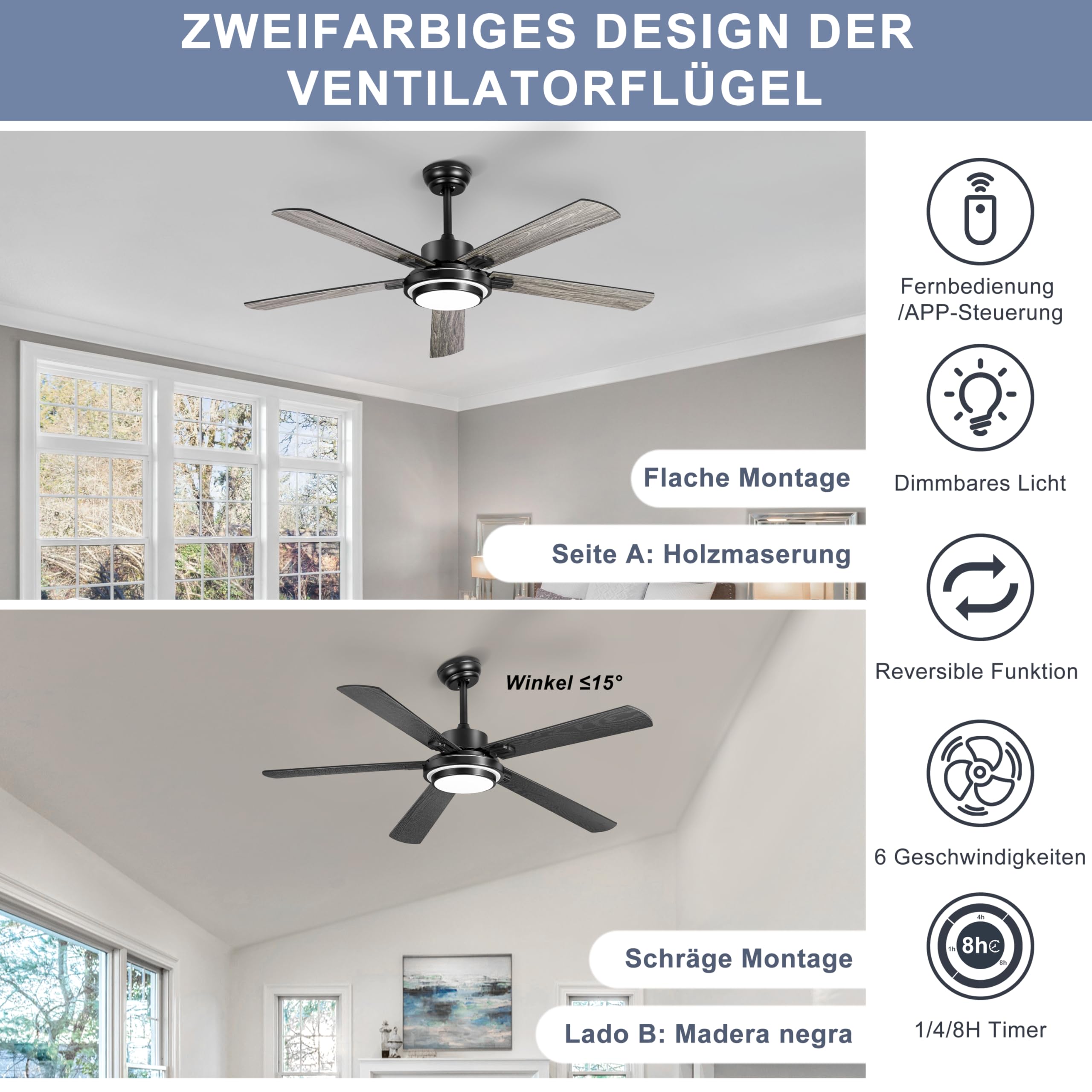 Ohniyou 52 Zoll (132cm) Deckenventilator mit Beleuchtung und Fernbedienung, App-Steuerung, Dimmbar, Umkehrbar, Leiser DC-Motor, Schwarzer Innen-/Außen-Deckenventilatoren für Schlafzimmer Terrasse