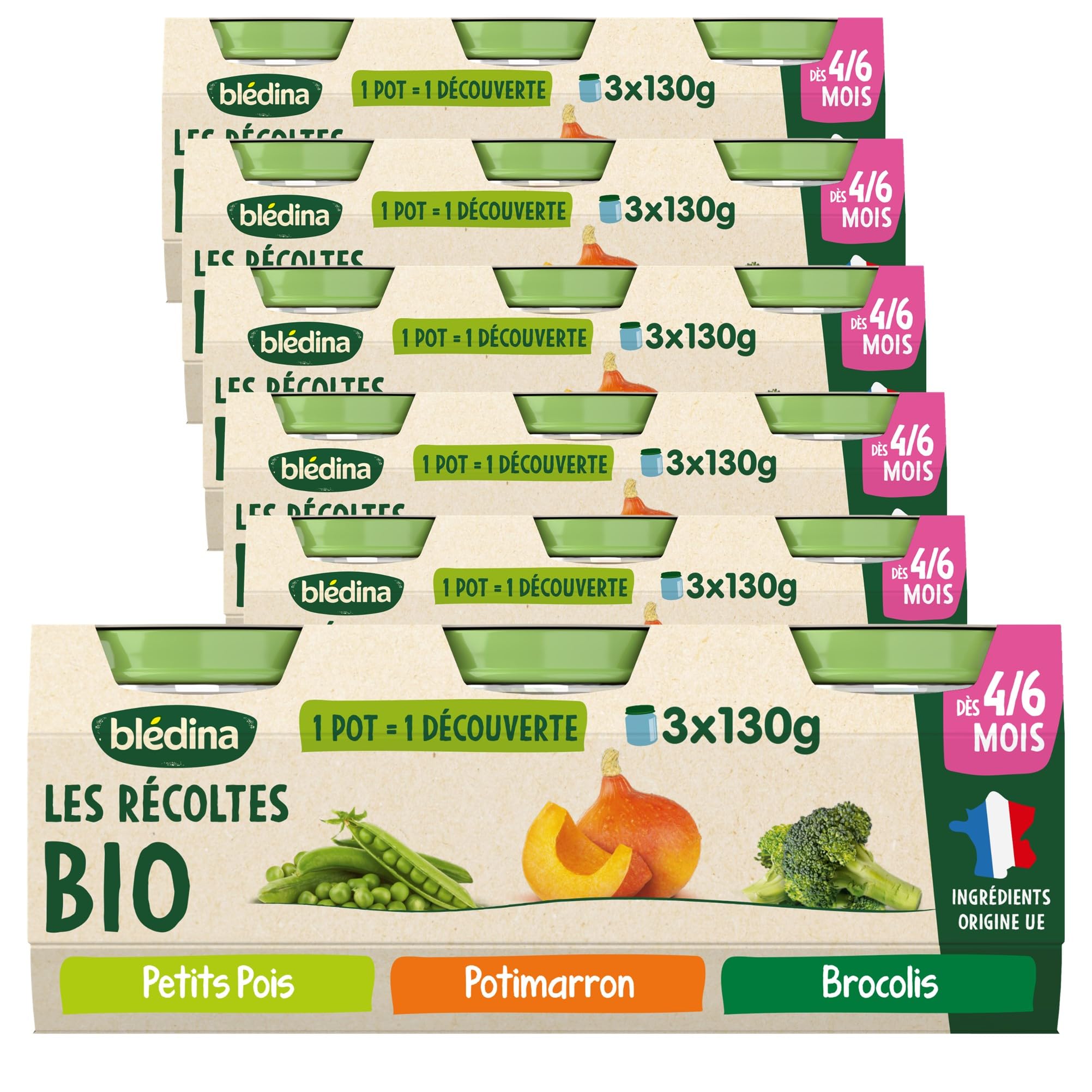 Blédina - Les Récoltes Bio - Brocolis, Pomme de Terre, Potimarron, Petits Pois - Recette BIO et simple - De 4 à 6 mois - 18 Pots de 130g