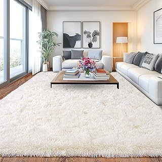 Großer Teppich Wohnzimmer 200x300 Hochflor Flauschig, Schlafzimmerteppich Langflor Creme, rutschfest Weich Shaggy Teppich für Kinderzimmer Teenager Schlafsaal
