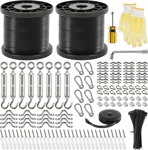 Miniatura 8 de Juego de luces de cadena para colgar GUATTINE, cable de acero inoxidable 304 recubierto de nailon de 300 pies y suficientes accesorios, alambre guía