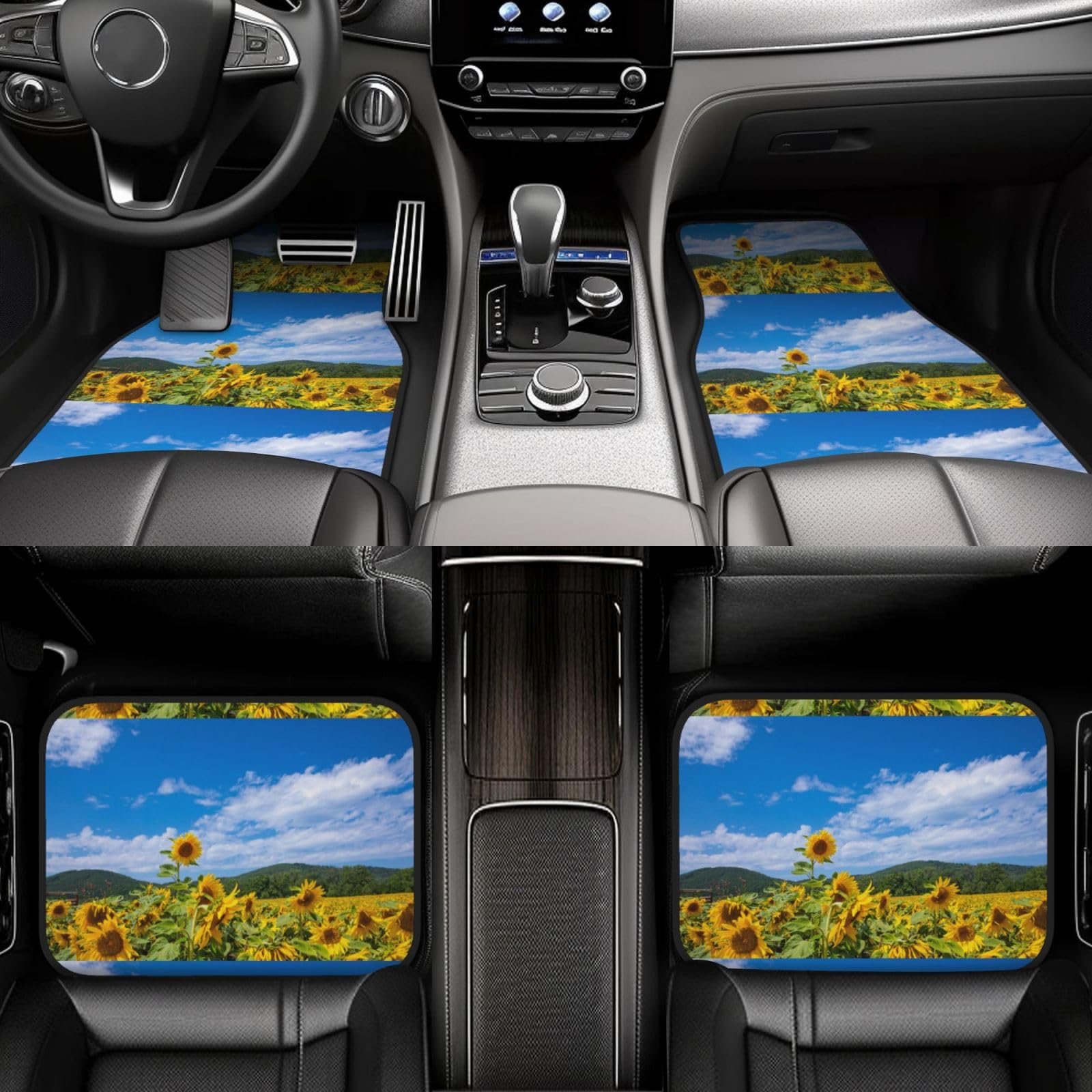 Sonnenblumenmeer und Blauer Himmel, weiße Wolken, 4er-Set Auto-Fußmatten, Neopren-Fußmatten für Fahrzeuge, rutschfeste Auto-Fußmatten, Autozubehör