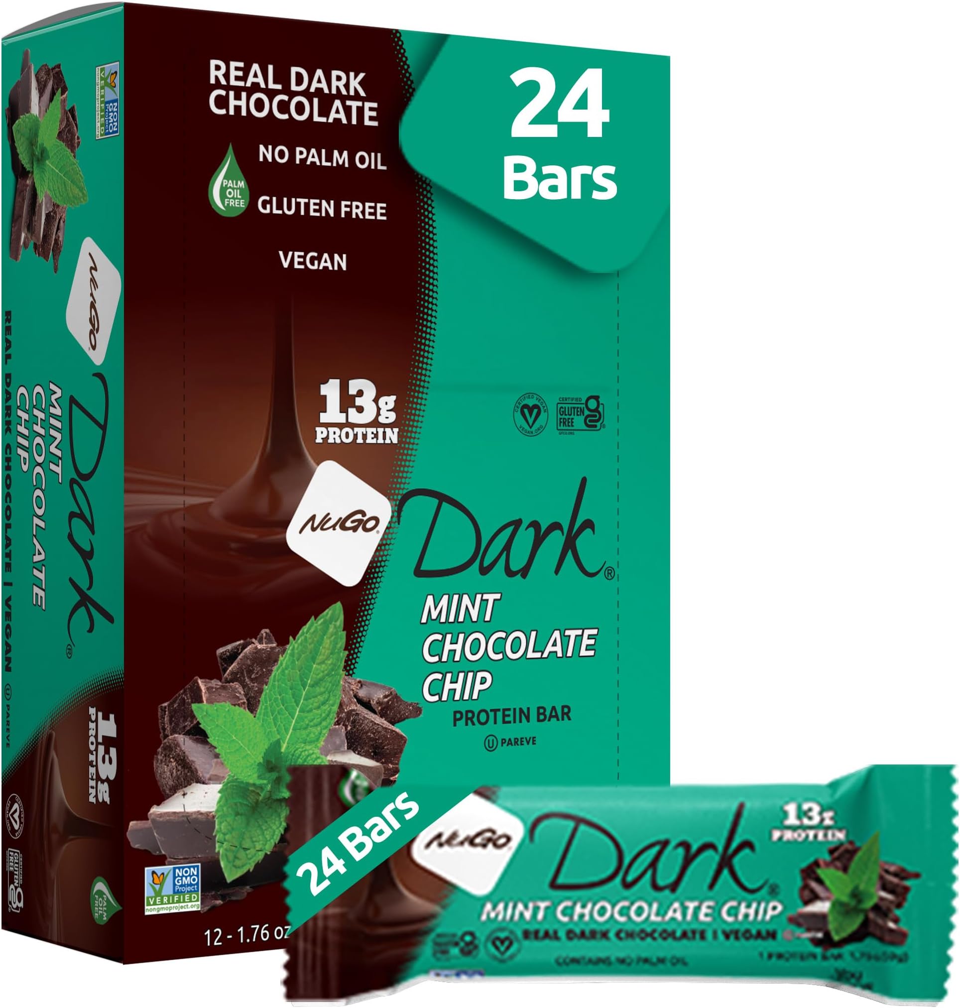 NuGo Dark Mint Chocolate Chip, 13g Protein Bar, Vegan, Gluten Free, Non-GMO, Kosher Pareve, 24 Count