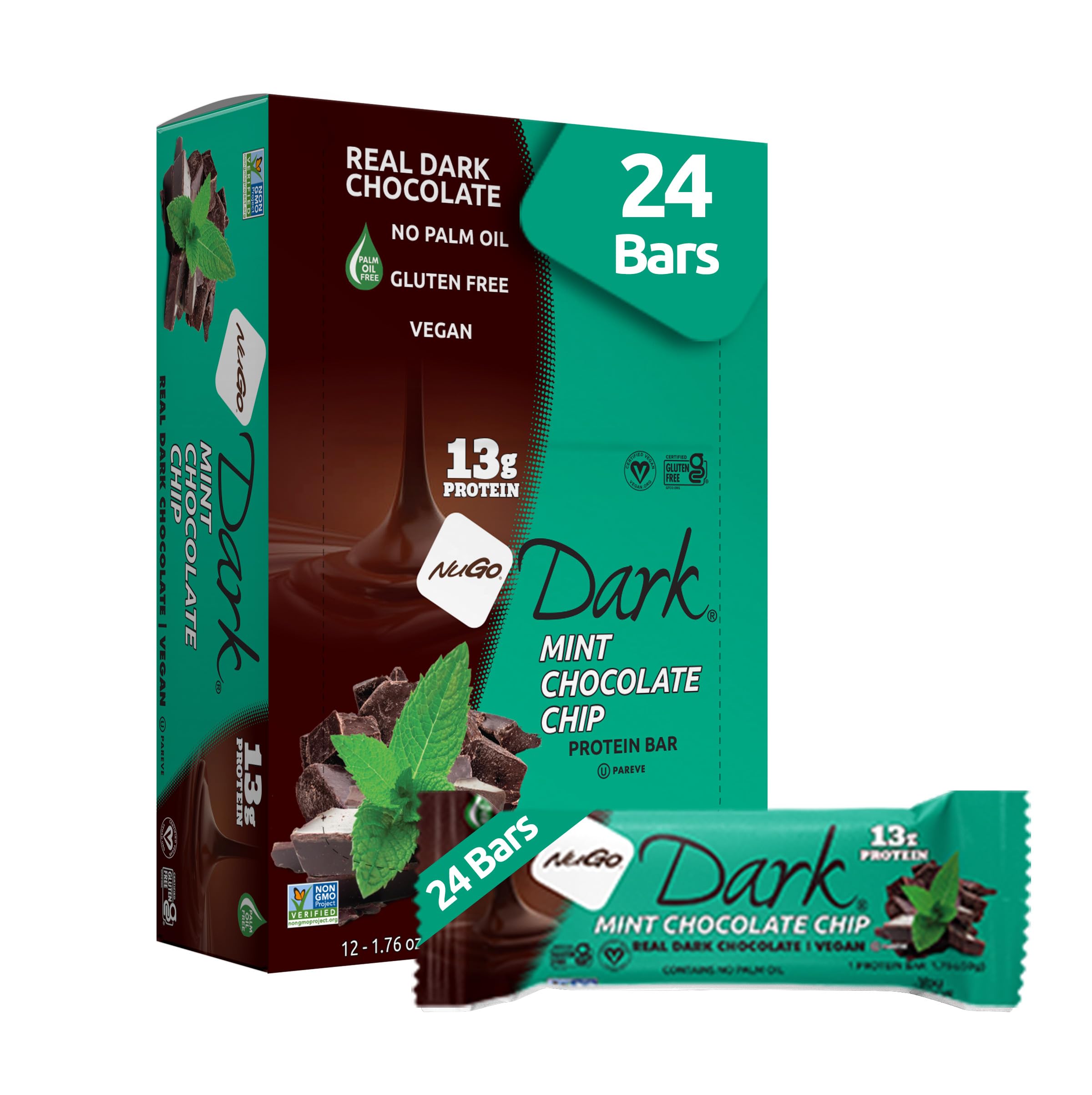 NuGo Dark Mint Chocolate Chip, 13g Protein Bar, Vegan, Gluten Free, Non-GMO, Kosher Pareve, 24 Count