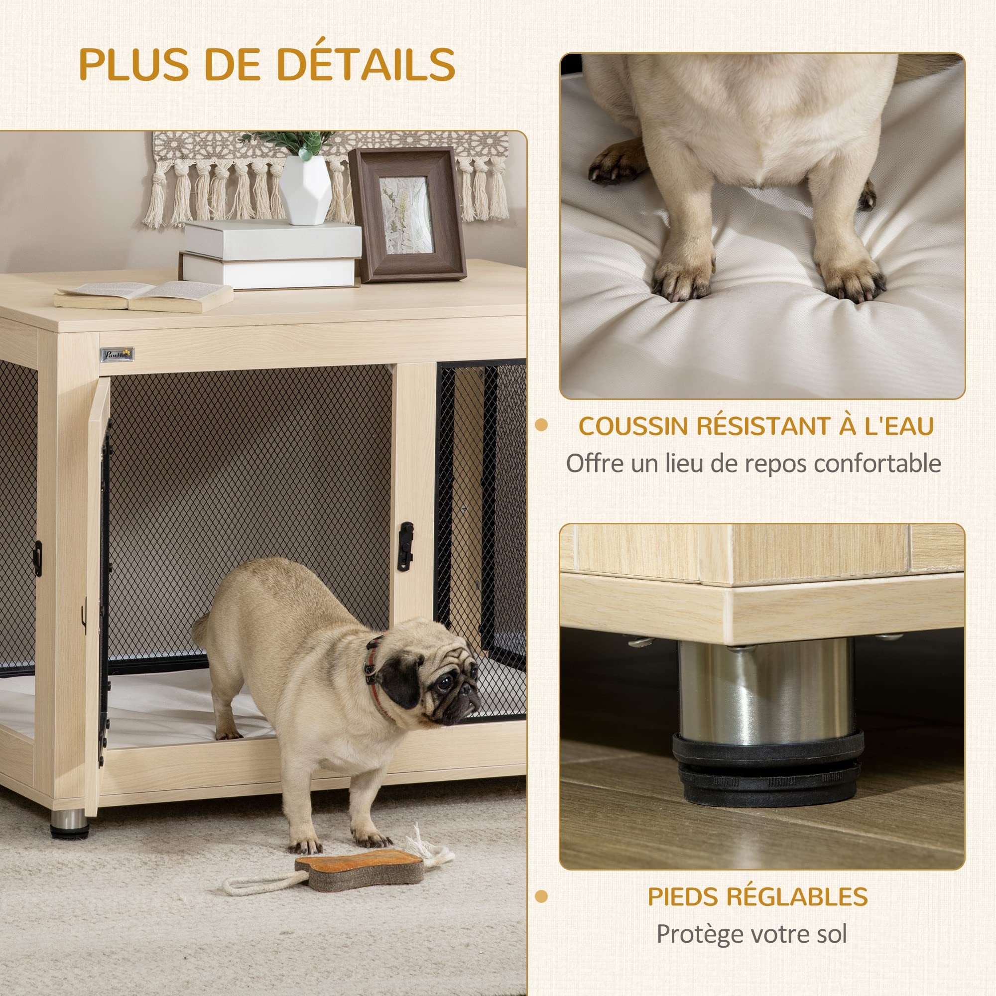 PawHut Cage pour Chiens Interieur, Table d'appoint, Cage Chien de Taille Grand avec 2 Portes, Coussin Amovible, Plateau, résistants aux morsures, 94 x 60 x 71,5 cm, Aspect Bois
