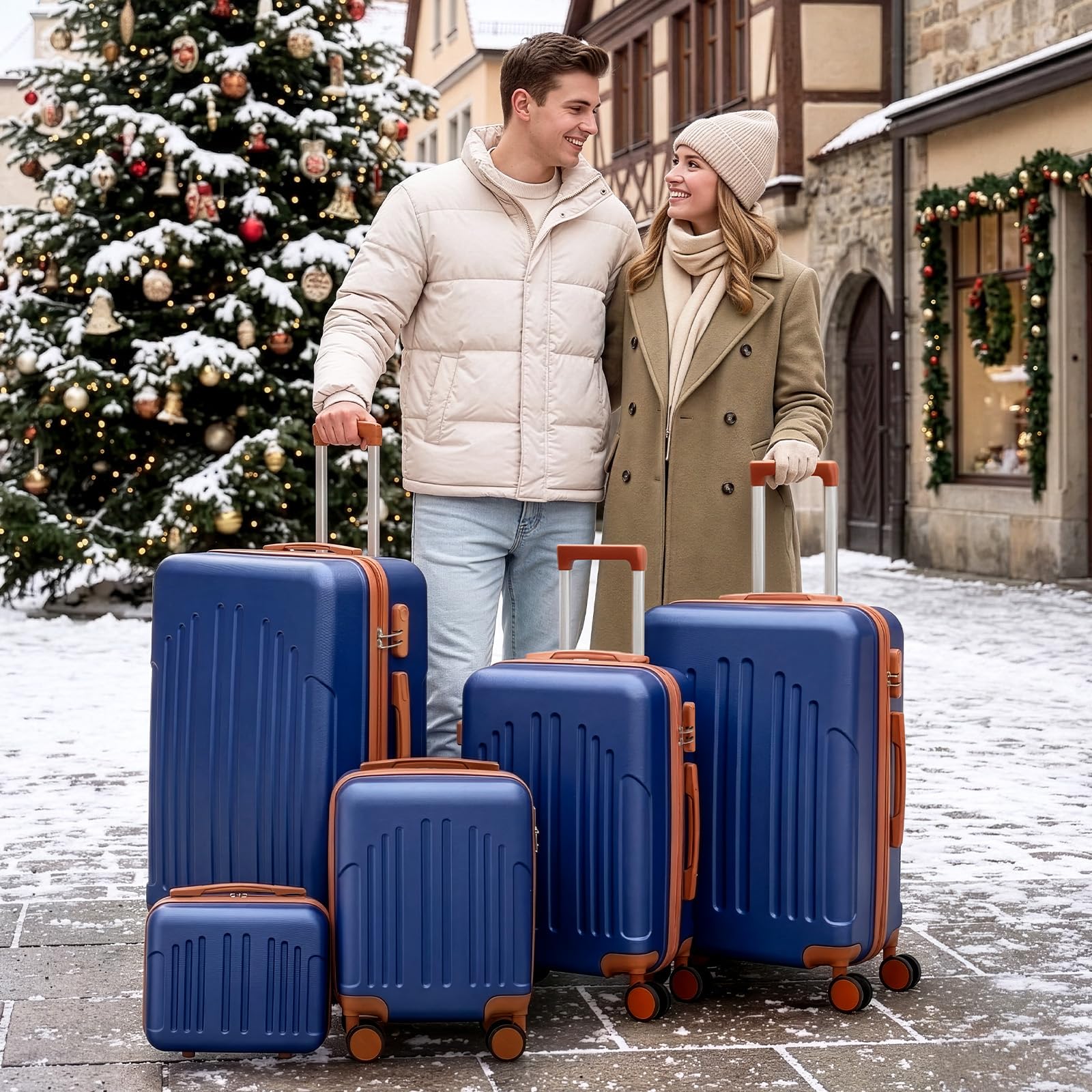 LALAHO Set de 5 Valises avec Vanity Case, Valise Grande Taille/Cabine, Petite Valise, Bagage Suitcase en ABS (Marine-Brun)