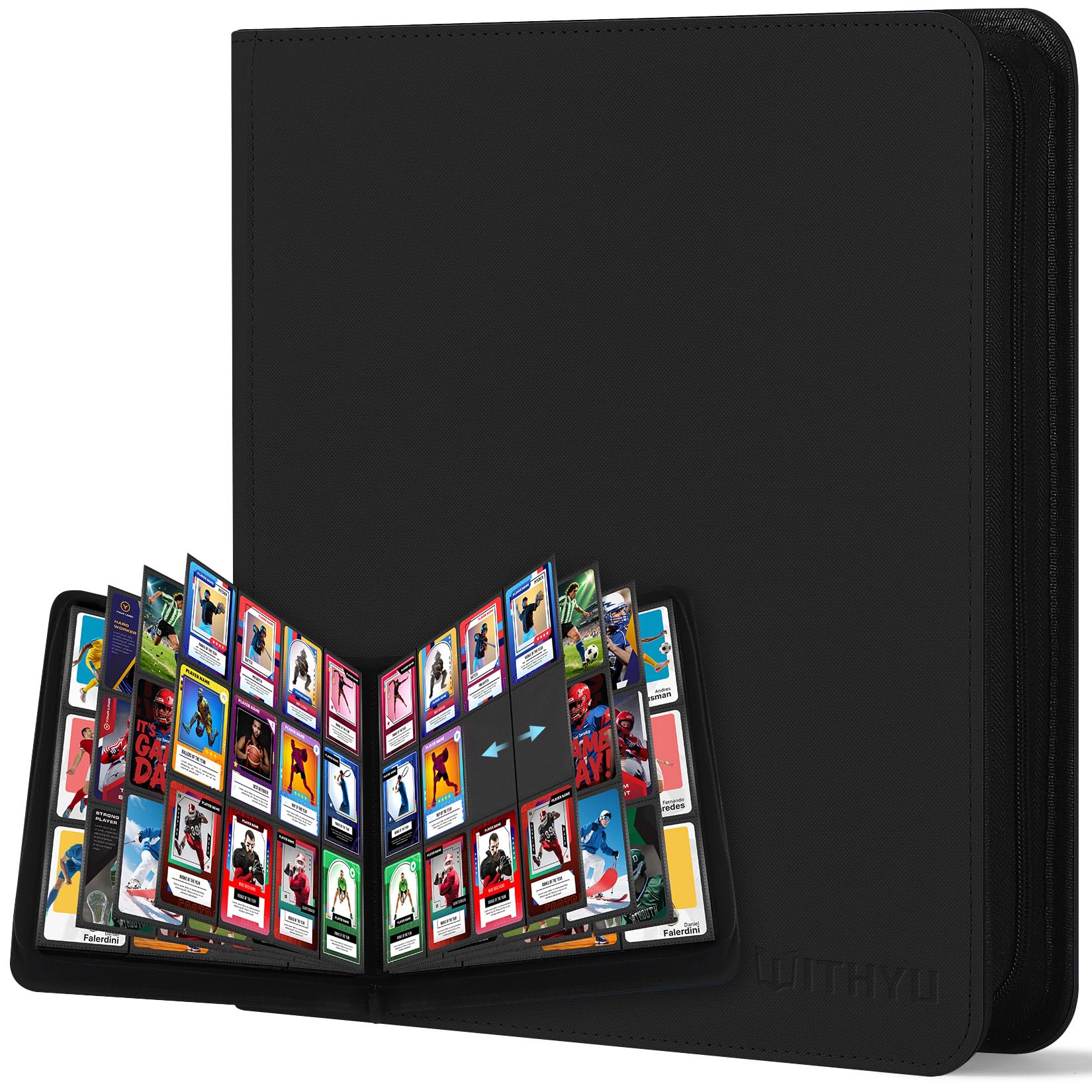 WITHYU Album da Collezione per Carte 12 Tasche, Capacità 720 Carte, Impermeabile, con Chiusura Lampo, per TCG, Calcio e Carte da Collezione, Portatile (Nero)
