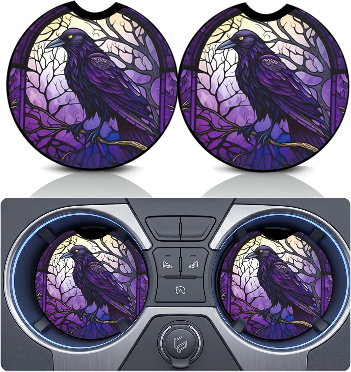 2PCS Purple Raven Car Cup Holder Coasters Universal Anti-Slip Rubber Mat
