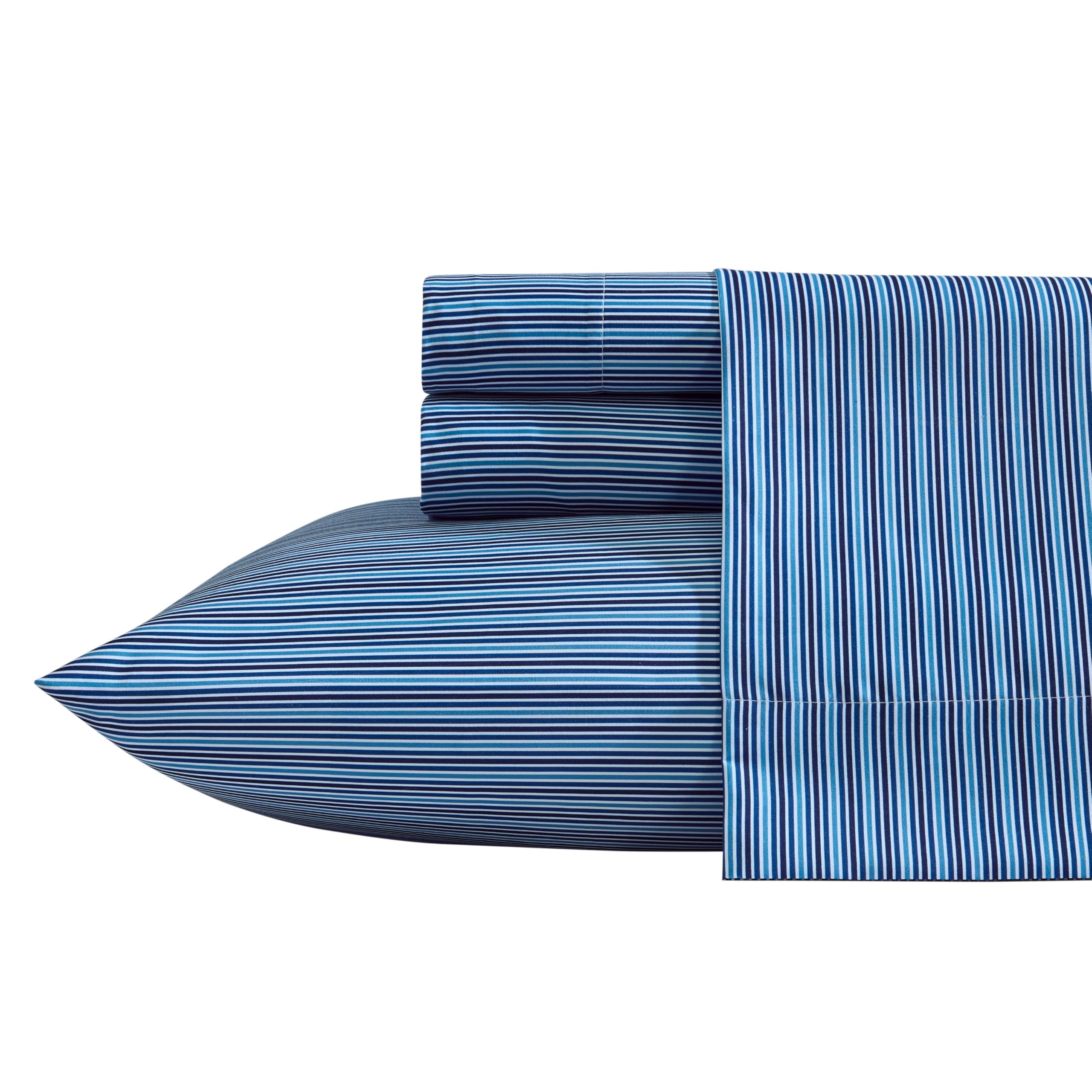 Nautica - Queen Size Sheet Set, Microfiber Bedding with Deep Pocket Fitted Sheet, Bed Sheets with Matching Pillowcases, Alden Stripe Blue