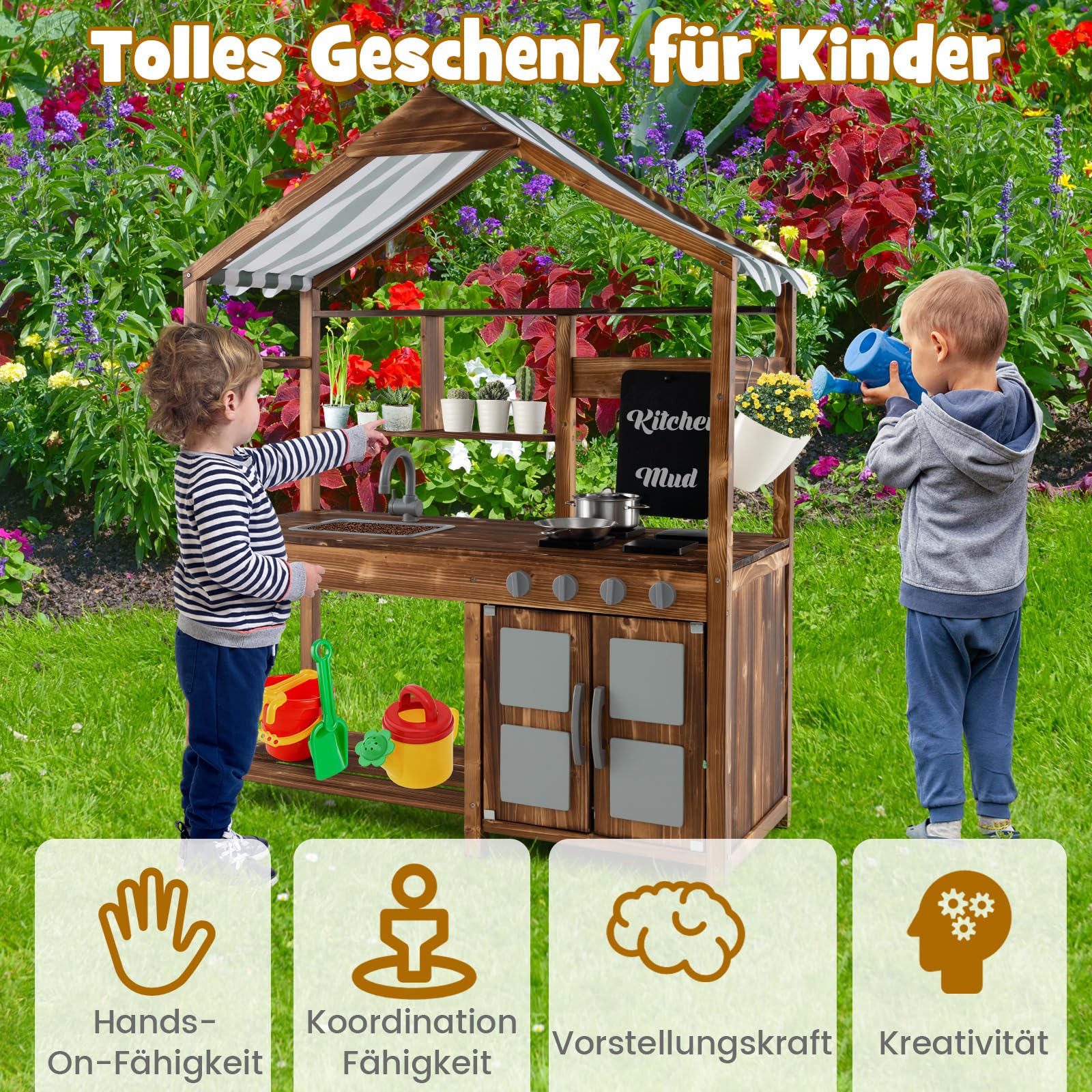 COSTWAY Matschküche Kinder Outdoor, Kinderküche Massivholz mit Vordach & Wasserhahn & Spülbecken & Tafel & Blumentöpfen, Gartenküche inkl. Zubehör, Spielküche Outdoor Küche für Kinder ab 3 Jahren