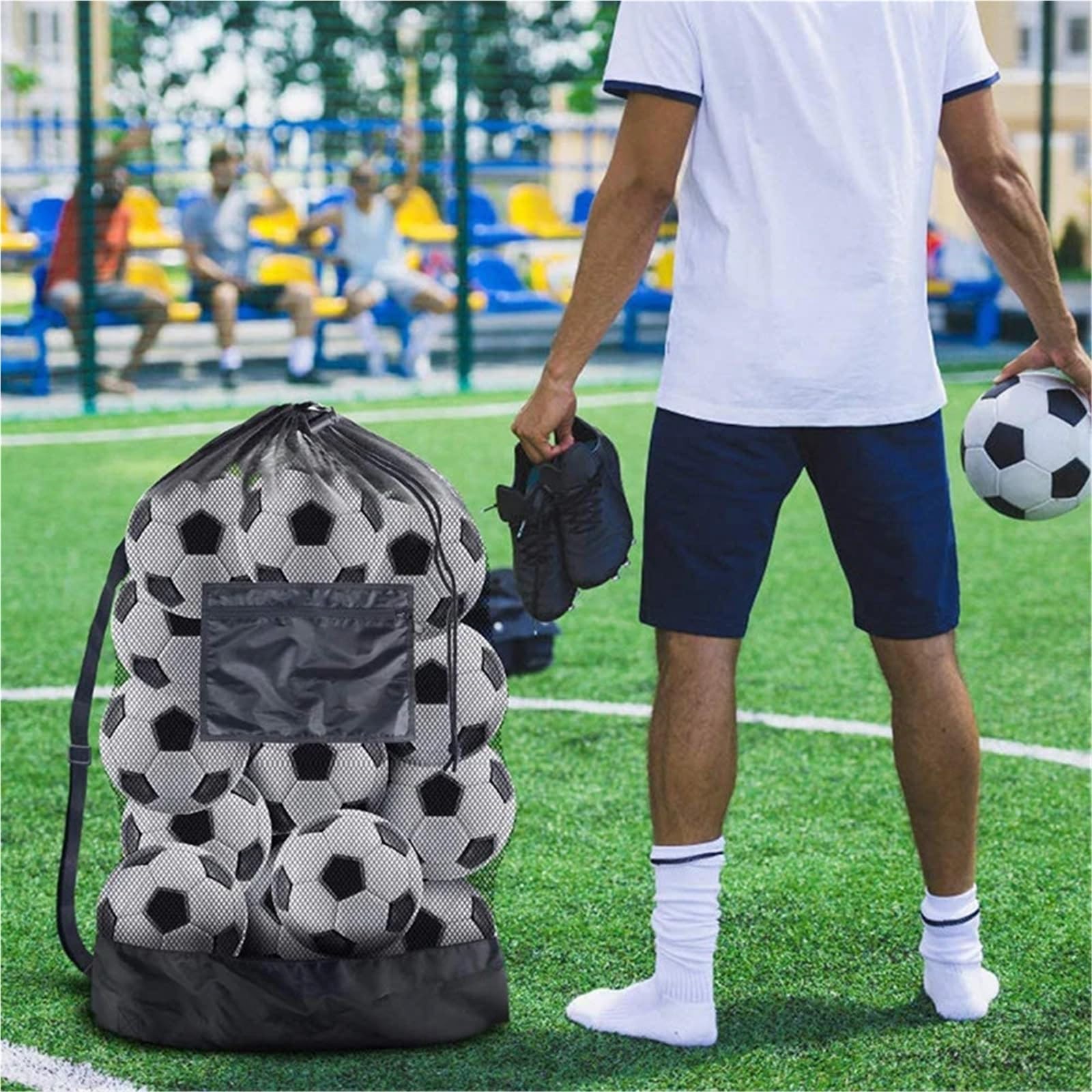Borsa da calcio in rete 2 pezzi, borsa extra large con coulisse for riporre palloni basket, tasca cerniera, pallavolo e, borse palestra per Palla
