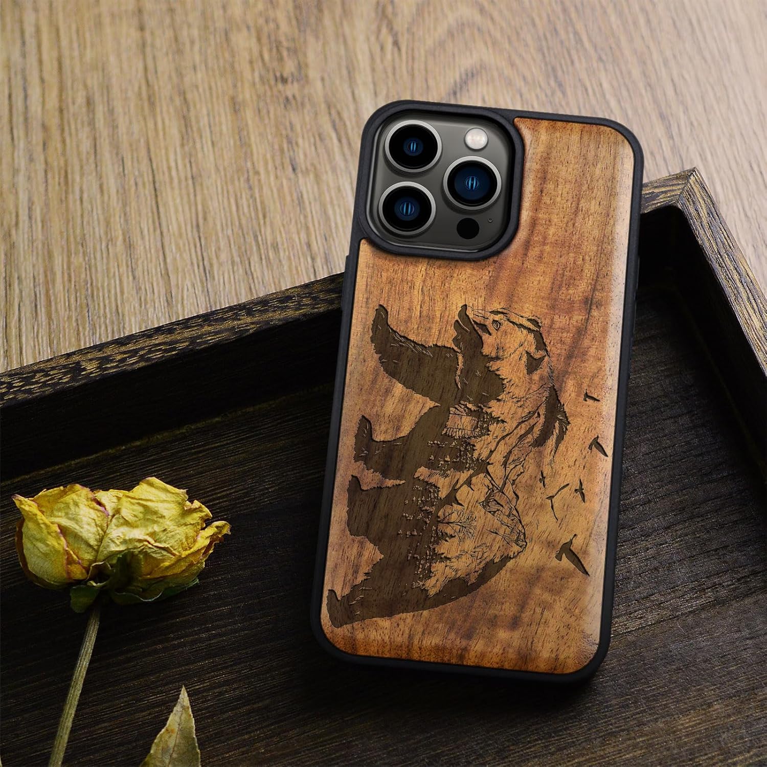Carveit Magnetic Wooden Case for iPhone 15 Pro Max Case, Compatible with MagSafe Wireless Chargers, Black Soft TPU Shockproof Cover & Wood Artisan Engraved (Bear and Valleys) - Walnut
