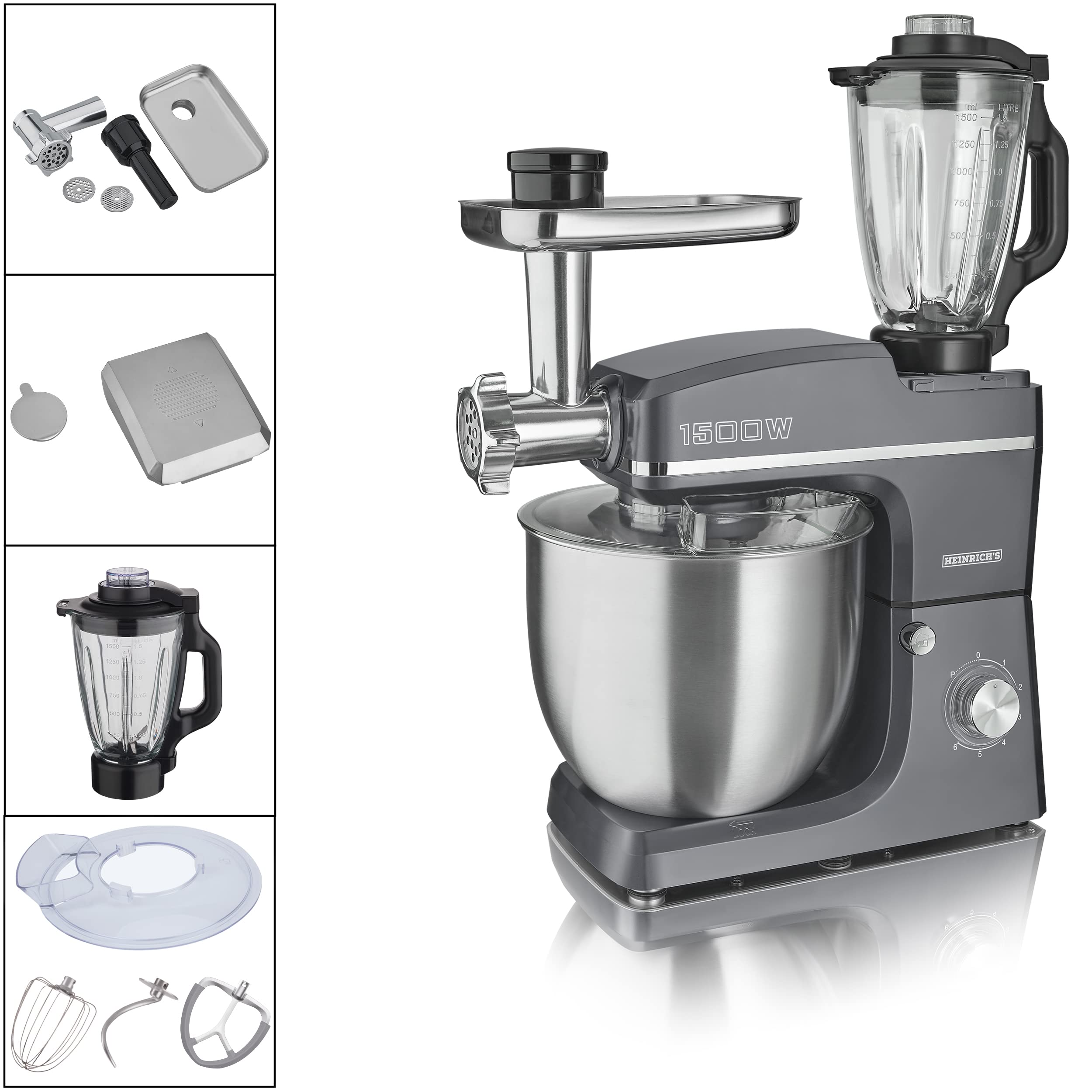 HEINRICHS 3 in 1 Universal Küchenmaschine, Küchengerät 1500W, 6 Geschwindigkeitsstufen, Multifunktionale Knetmaschine mit Fleischwolf, 1.5L Mixerbehälter, XXXL 10L Edelstahlschüssel (Grau)