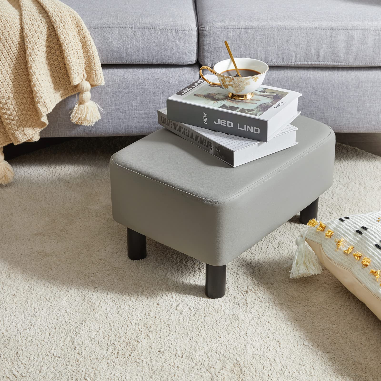 Pouf Ottoman Rectangle 42x29x23cm - Housse Cuir PU - Marron - Pieds Bois Et Antidérapants
