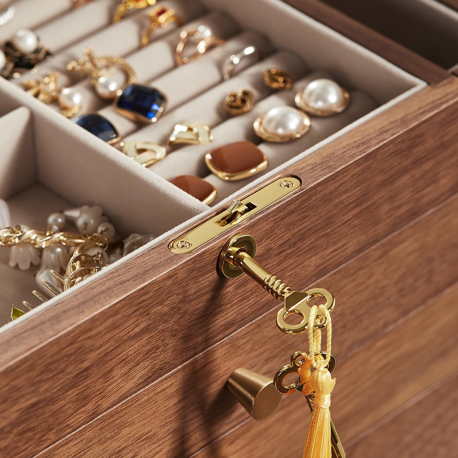 Schmuckkästchen aus Holz, 6-lagiger Schmuckorganizer mit 2 Seitentüren, Spiegel und abschließbarem Schloss im klassischen Stil – Geschenk für Frauen