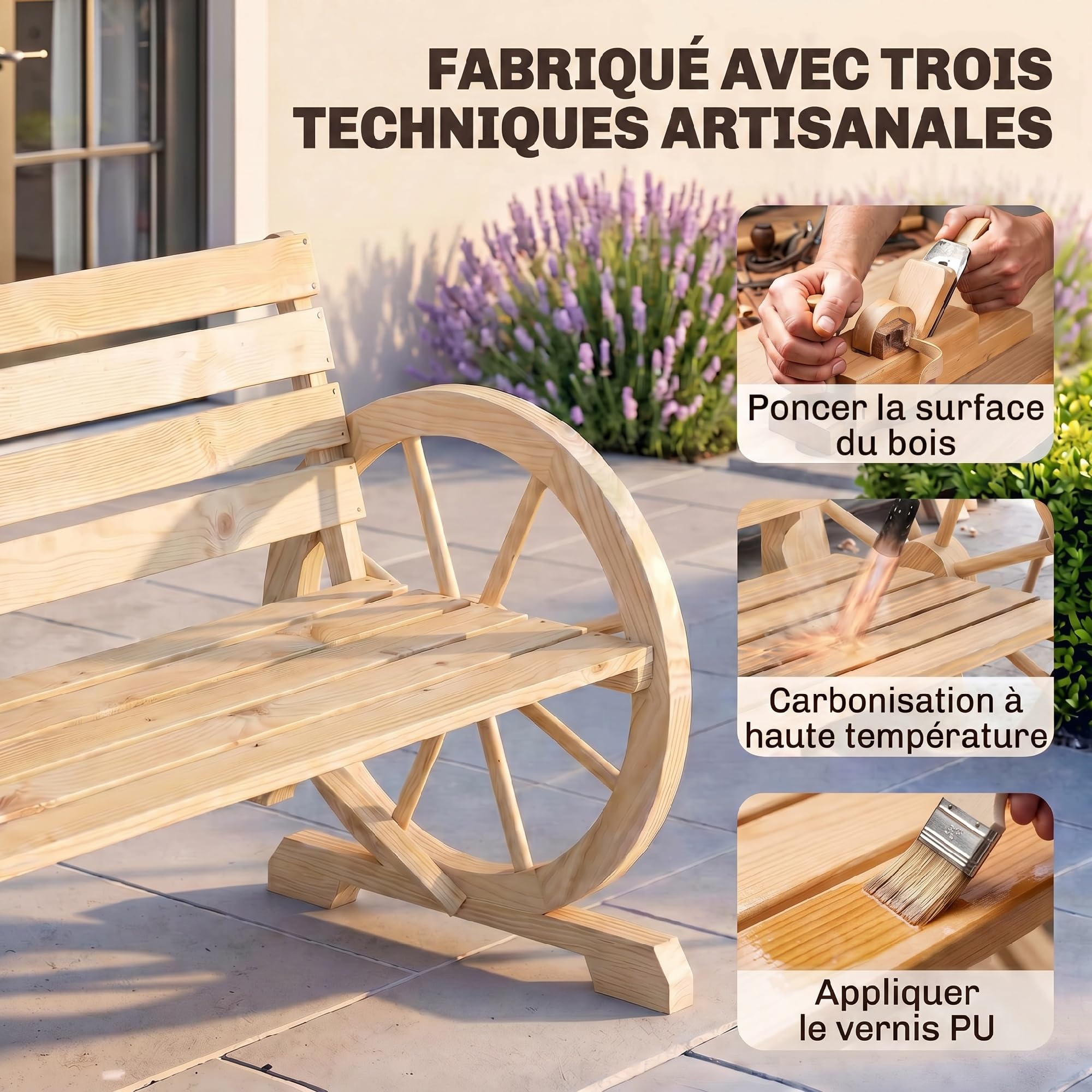 Outsunny Banc de Jardin Banc 3 Places Banc en Bois Style Rustique Chic accoudoirs Roues Charette Bois Sapin Effet Bois Naturel