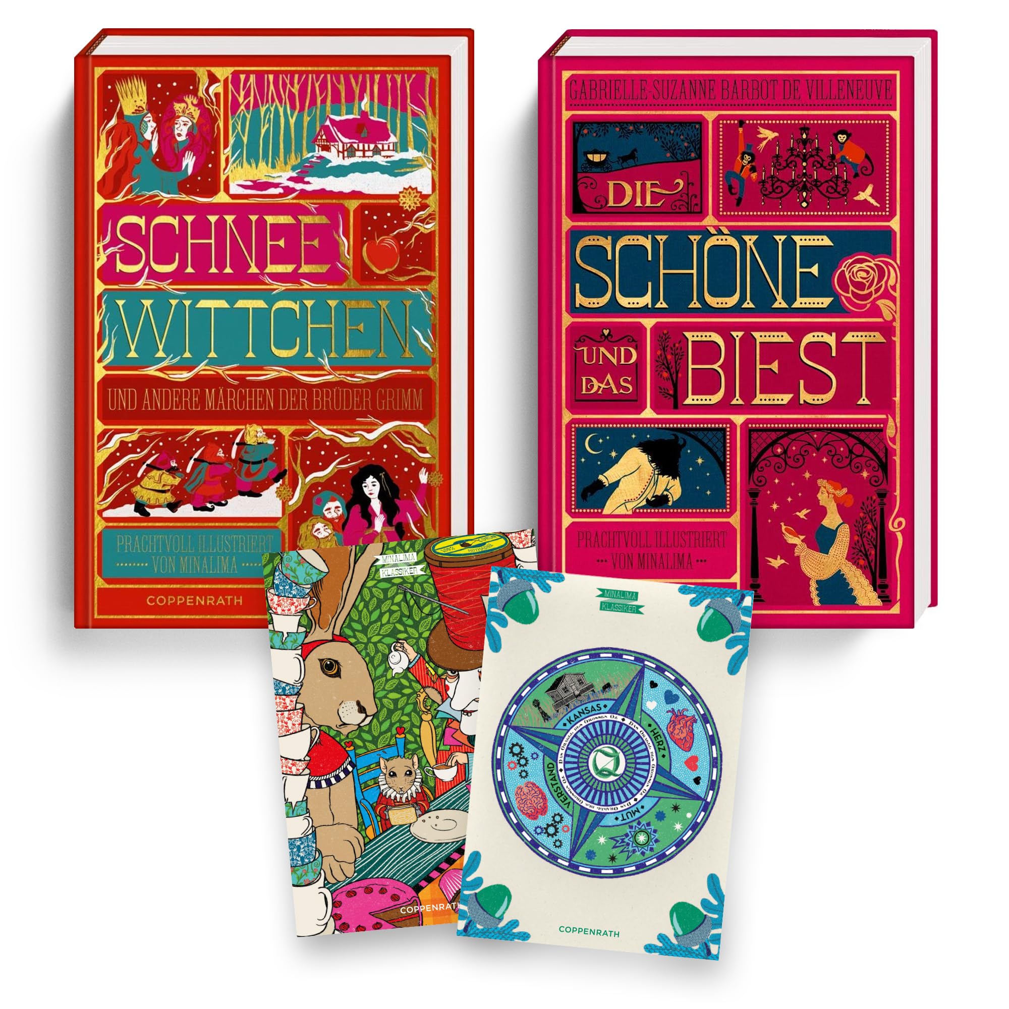 Kinderklassiker Bücher Bundle – "Die Schöne und das Biest" & "Schneewittchen und andere Märchen der Brüder Grimm" – MinaLima Schmuckausgabe – Märchenbuch Set – inkl. 2 exklusive Postkarten