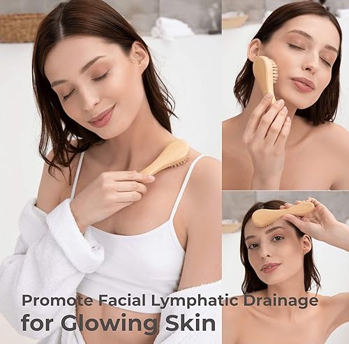 Miniatura 5 de Dry Brushing Body Brush Set – Natural Bristle Spa Exfoliator Kit with Face Cleansing Brush, Long Dry Brushing Body Brush for Lymphatic Drainage &
