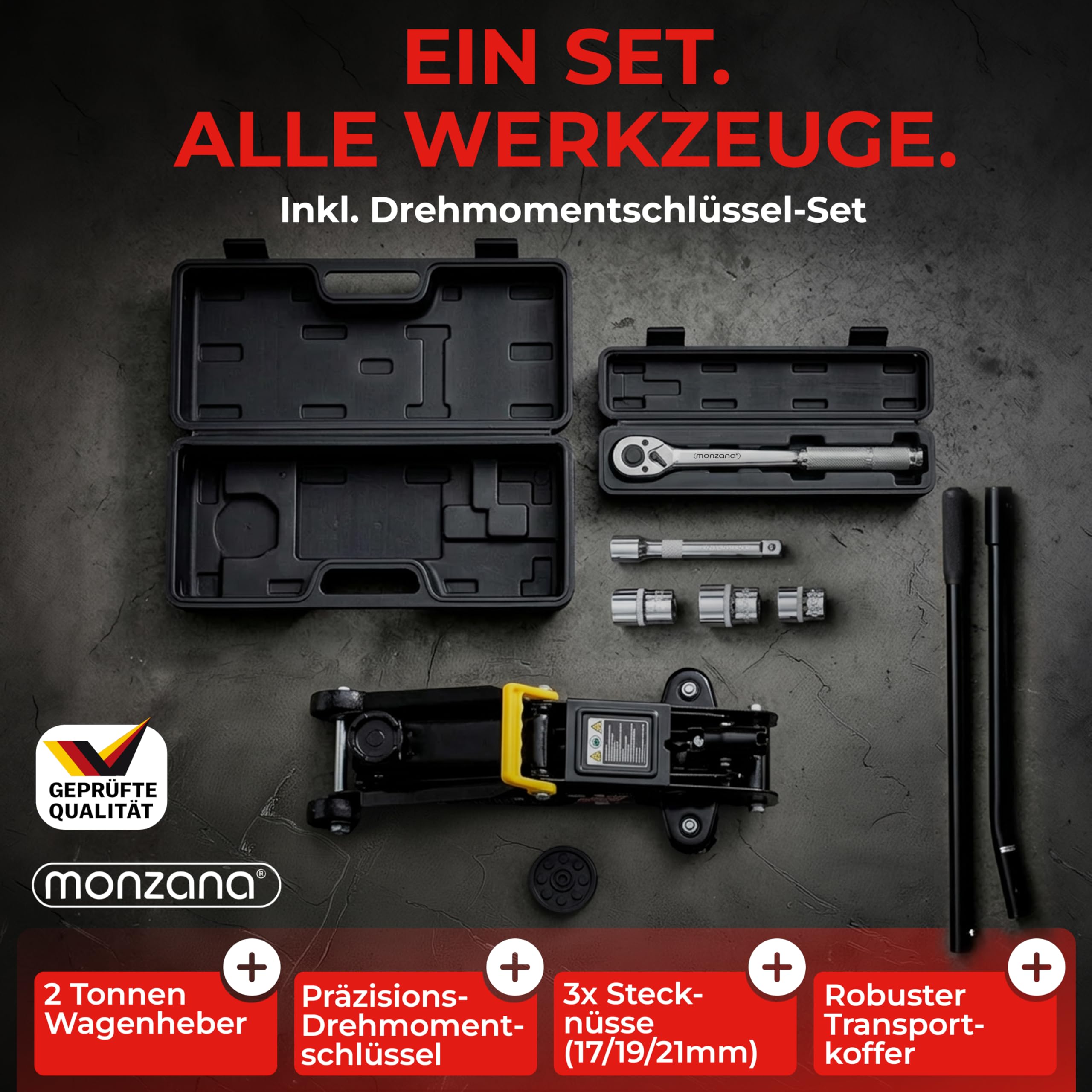 DEUBA® 2t Wagenheber hydraulisch 135-330mm Set inkl. Gummiauflage Drehmomentschlüssel 6tlg. 1/2' 40-210Nm Koffer KFZ Auto Rangierwagenheber Hydraulik