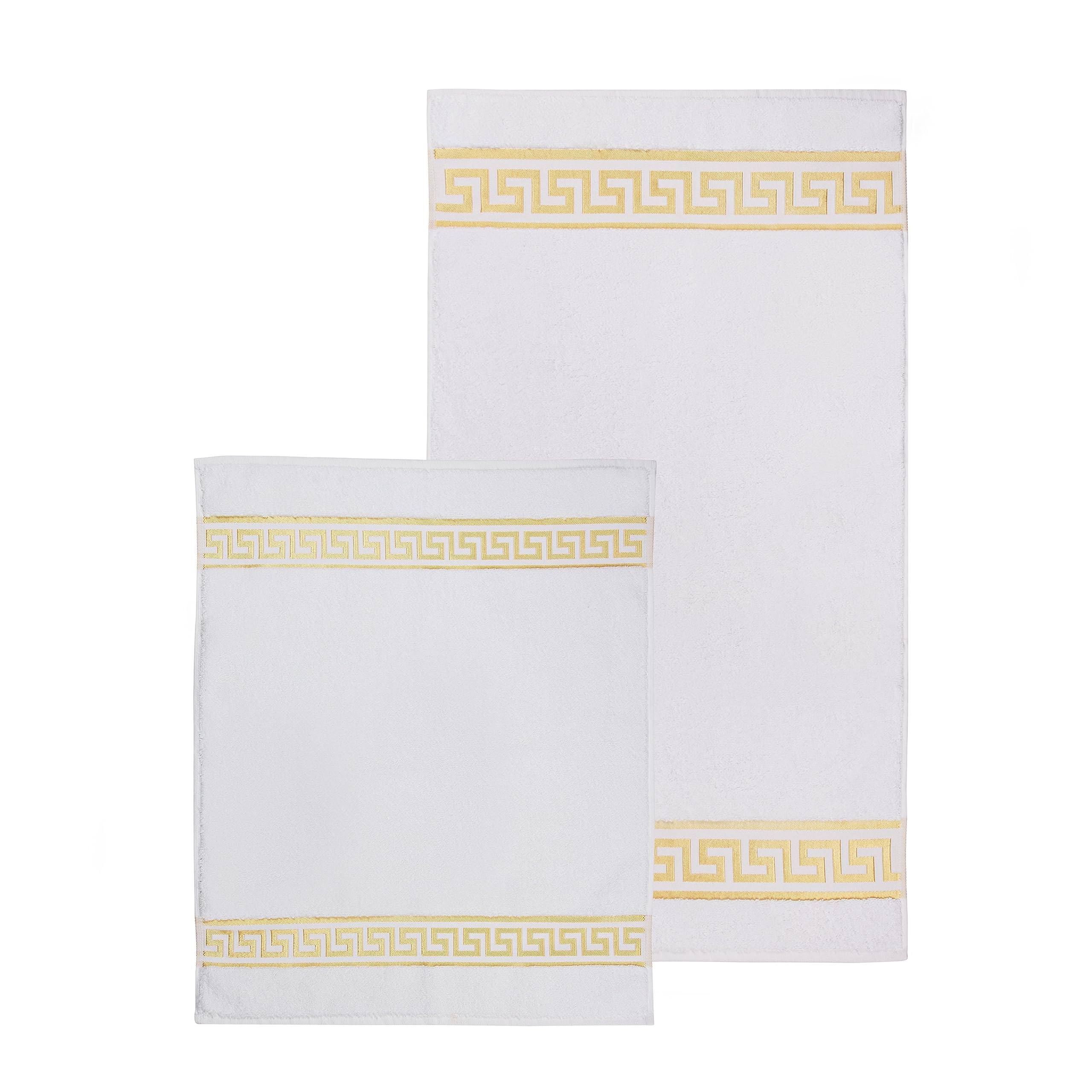 Alfombrilla de baño de algodón en color beige, negro, blanco y dorado, con diseño de meandro (blanco, juego de 2 unidades – 50 x 90 + 50 x 60)