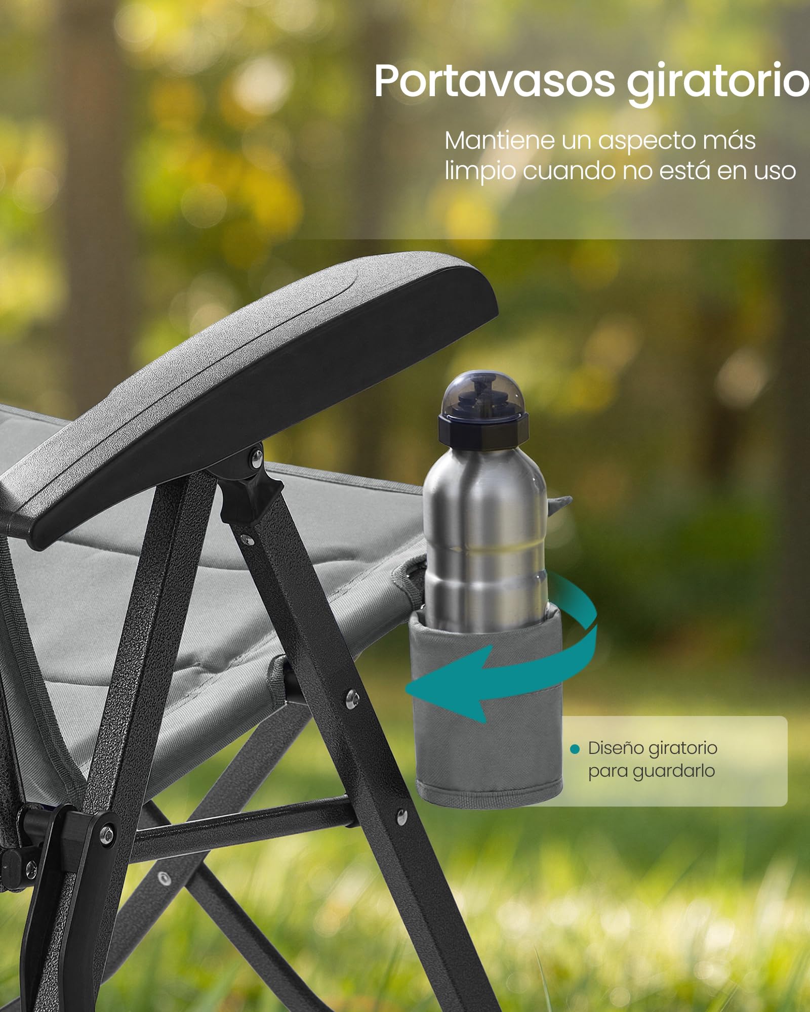 SONGMICS Silla de Camping para Adultos, Reclinable 95°-150°, Plegable, Respaldo Alto Ajustable, con Portavasos y Bolsa con Correa para el Hombro, Jardín, Pícnic, Pesca, Gris GCB015GZ01 — view 7