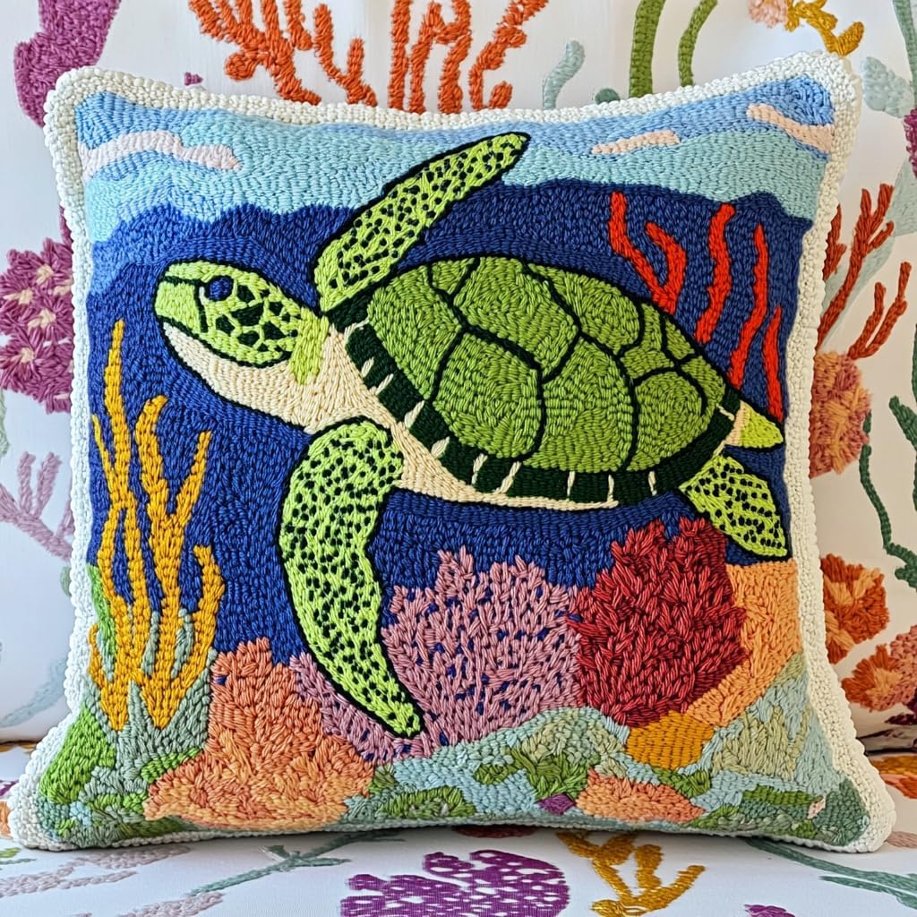 DIY Punch Needle Pillow Kit Green Sea Turtle and Corals with Pattern and Hoop Handmade Embroidery Punch Needle Starter Pillowcase Set for Home Sofa Decor 43x43cm-1-8