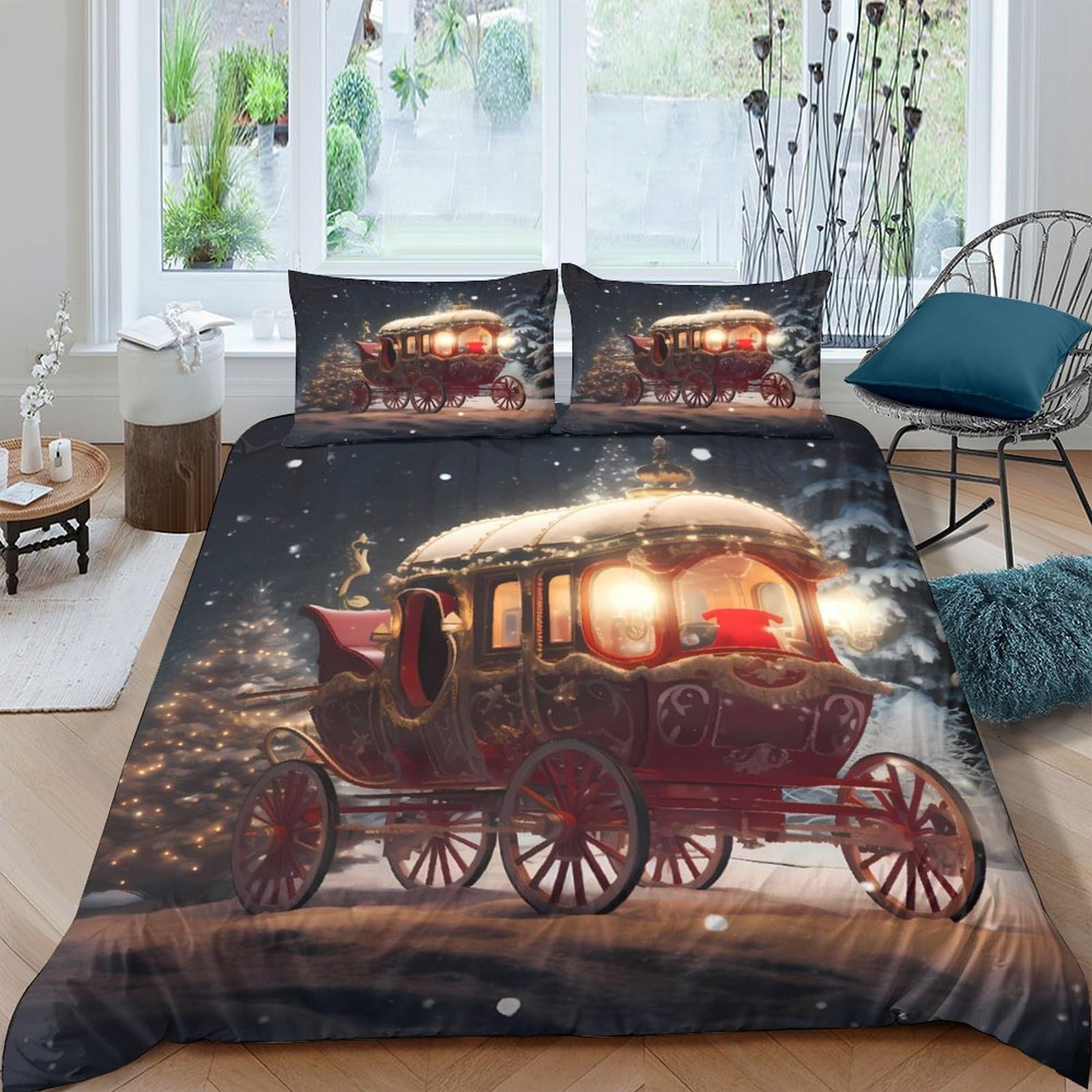 Ctjqhvkz Style-2 3D Printed Vintage Carriage Fitted Sheet Microfiber Soft Breathable Snowy Night Bed Cover For Bedroom Guest Room Decor Single（135X200cm）