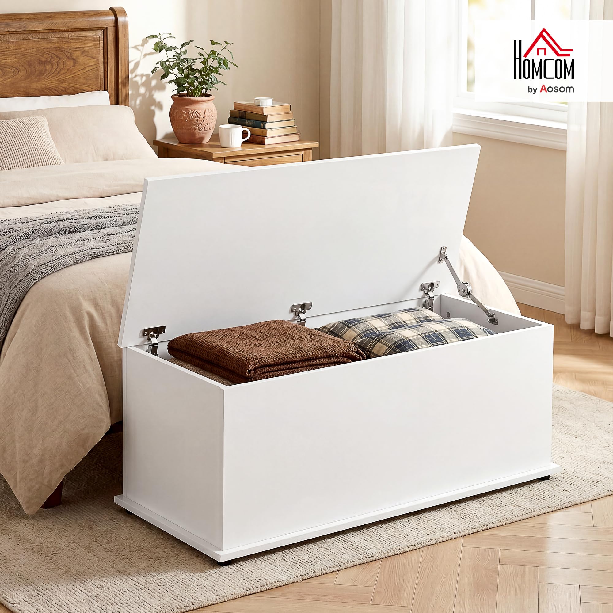 HOMCOM Coffre de Rangement Couvercle Rabattable 100x40x40 cm Blanc | Banc de Rangement, Charnières de Sécurité, Banc Chaussures, Meuble d'Entrée, Couloir, Chambre, Salon
