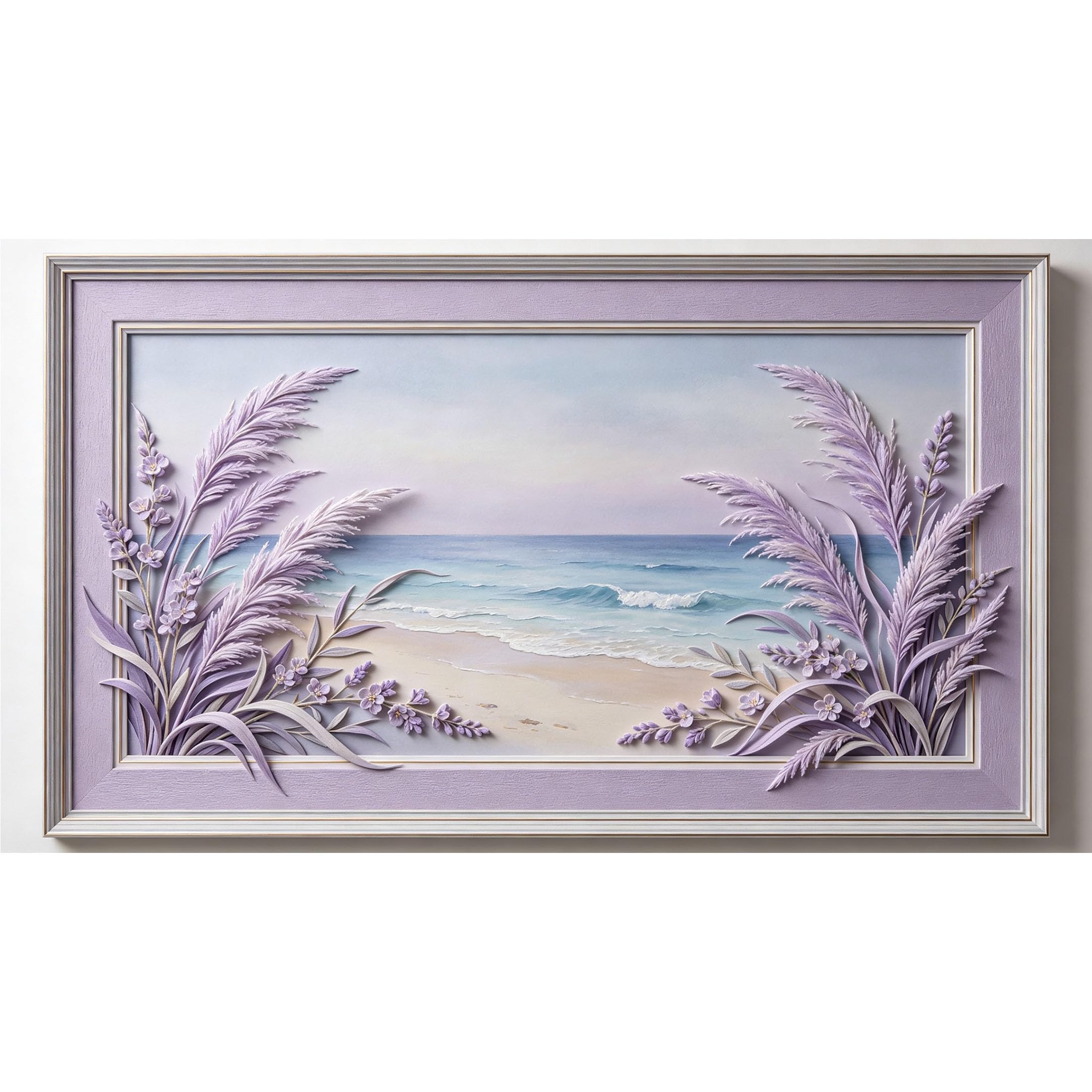 QZLITHOTIC 50×90cm3D Framed Wall Art， Coastal Purple Lavender Beach Landscape Self?Adhesive Mural， Water?Activated Peel & Stick Fabric Decor Wall Decal for Bedroom Living Room