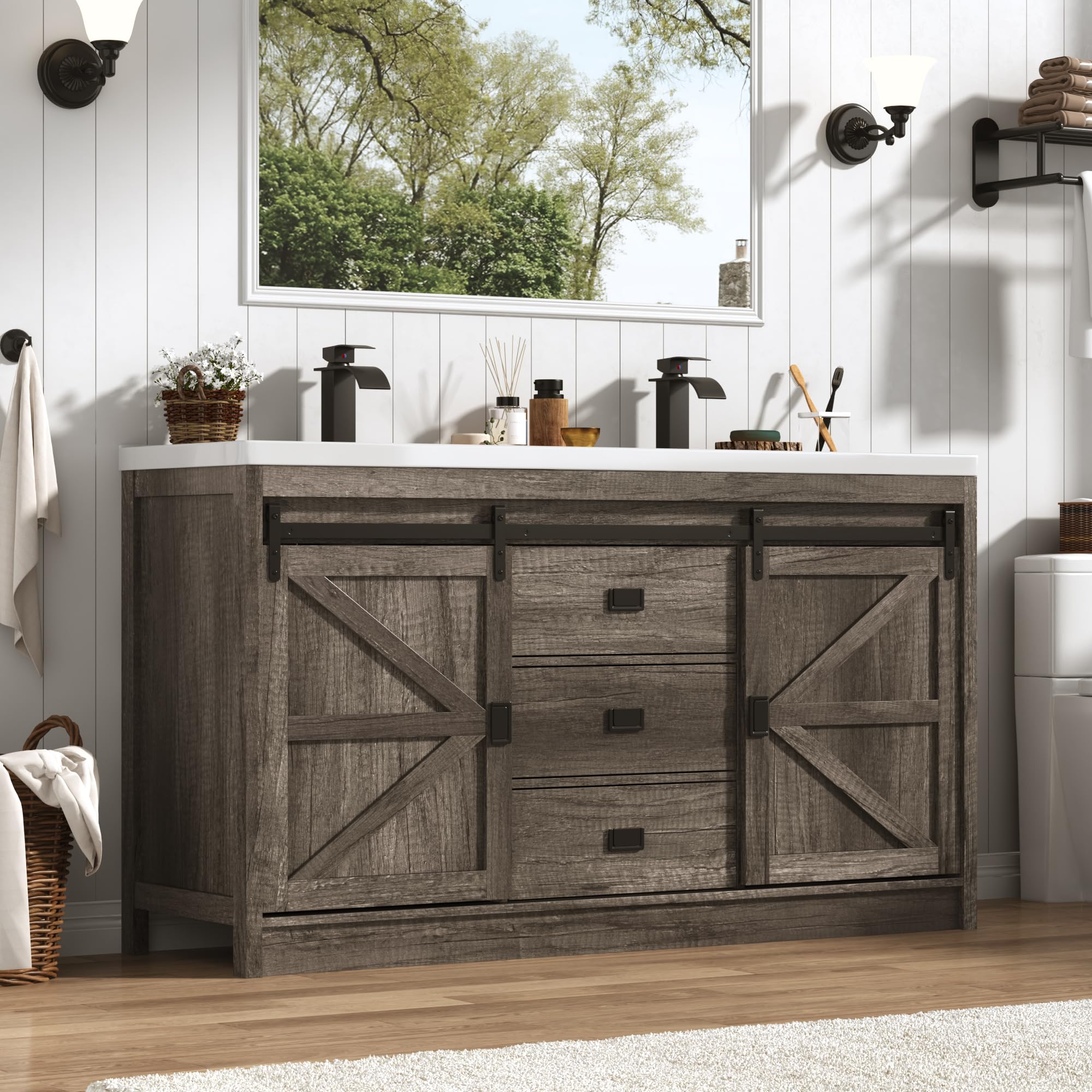 chartustriable 59 inch Double Farmhouse Bathroom Vanity with Double Sink