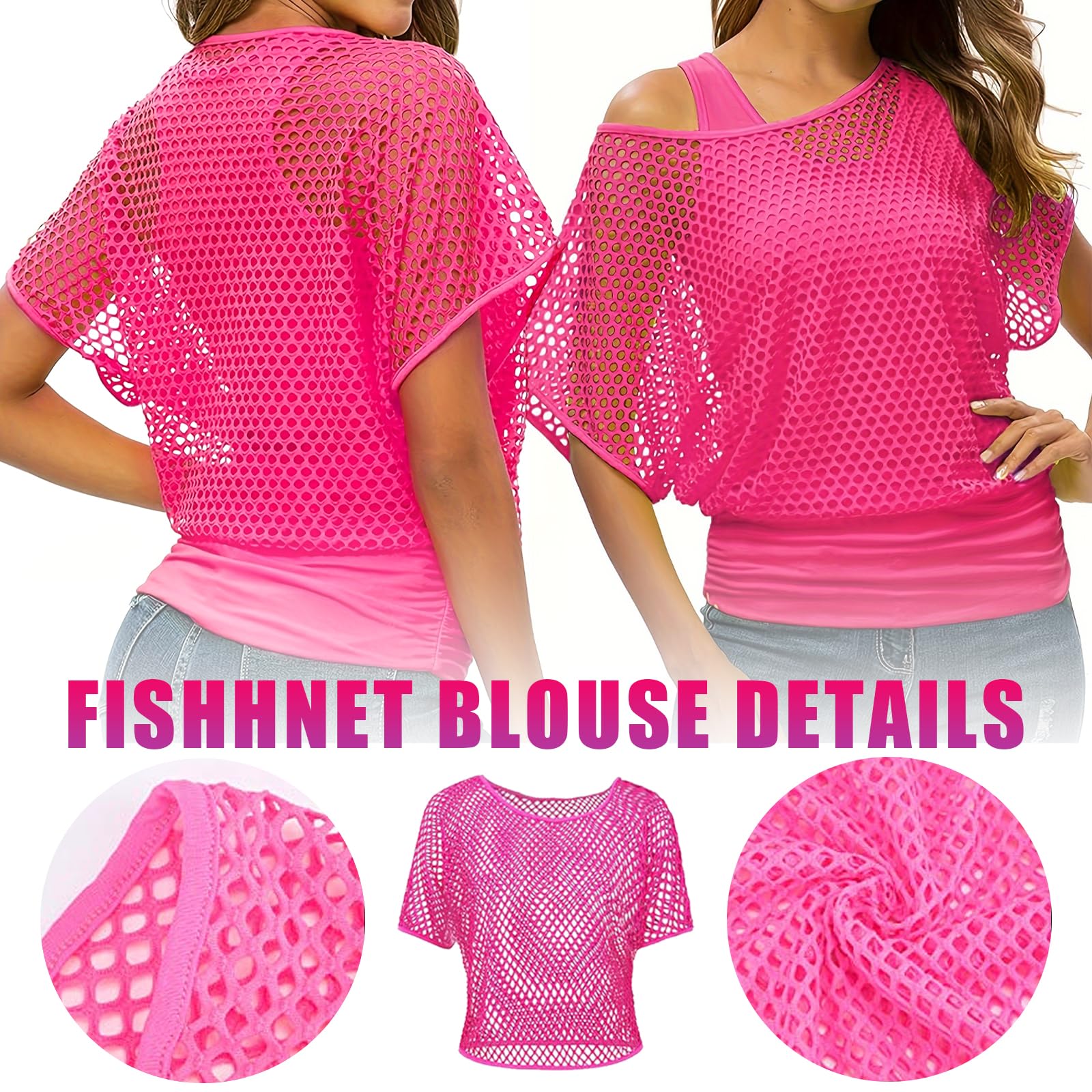 TYXHXTF 6Pcs 80s Fancy Dress Costume Accessories for Women 1980s Retro Theme Party Set including Lace Headband Earrings Necklace Fishnet Glove Fishnet Top - Image 3