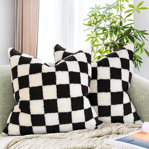 AmHoo Pack of 2 Decorative Throw Pillow Covers Checkerboard Luxury Super Soft Faux Fur Wool Set Case Cushion for Couch Sofa Bedroom 18 x 18-Inch Black - 18" x 18" (Pack of 2) - Black