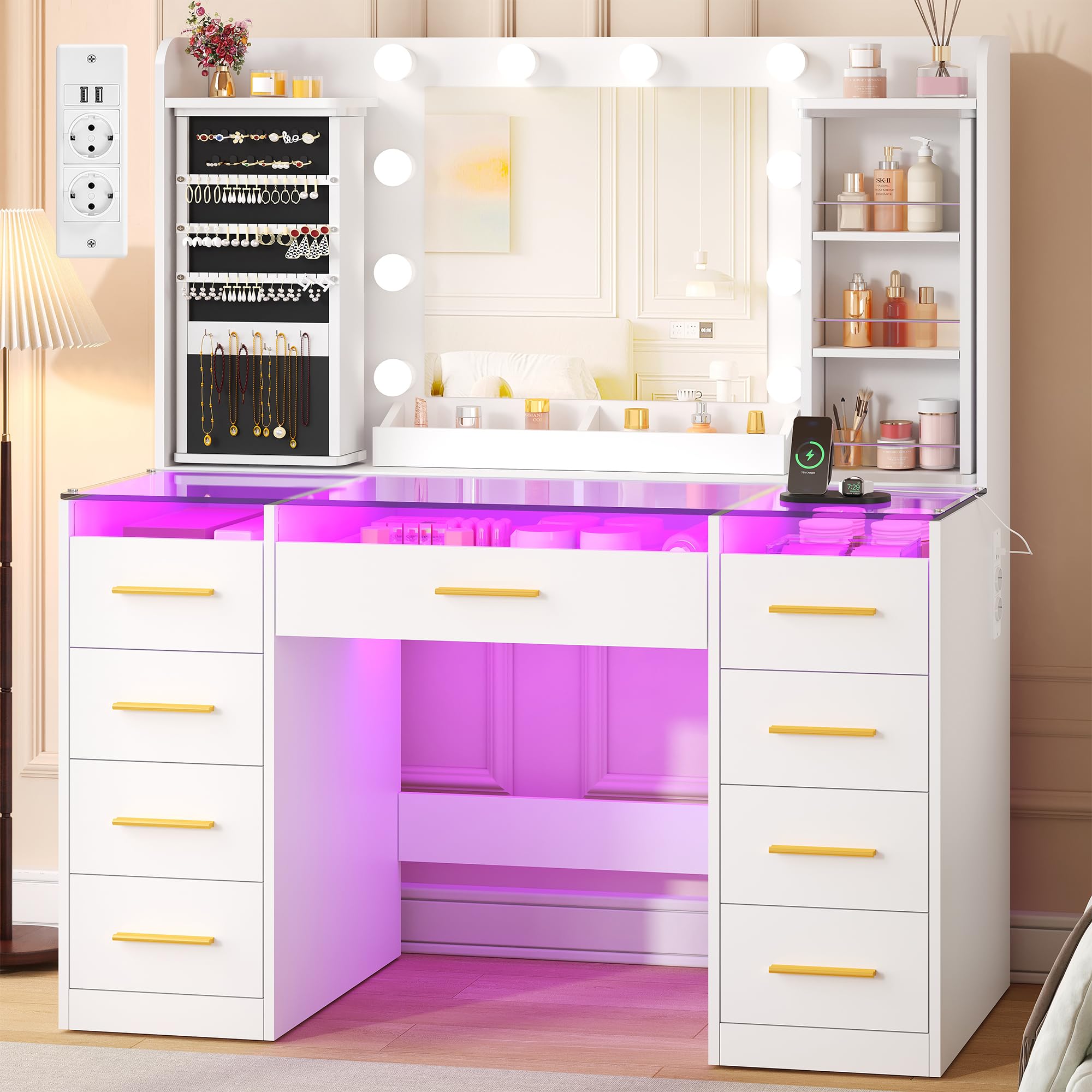 Tocador de Maquillaje con Organizador de Joyas Giratorio de 360° | Luces LED, Mesa de Maquillaje con Tablero de Vidrio,9 Cajones RGB,8 Estantes, Tocador con Enchufes Moderno Blanco EXFST005W