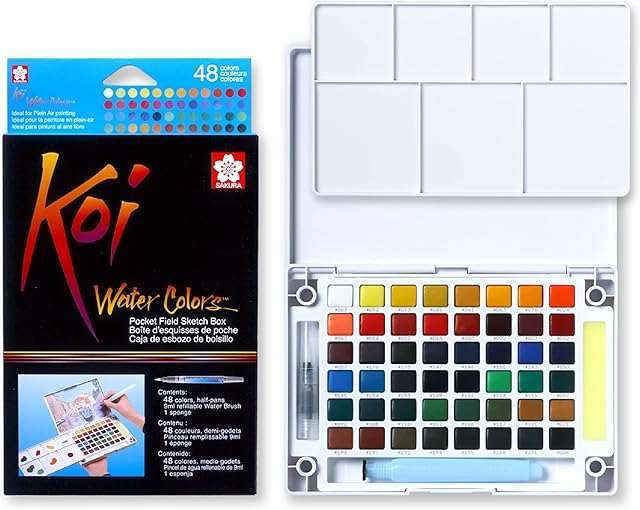 Sakura Plastic Box of 48 Watercolour and Refillable Brush, Multicoloured