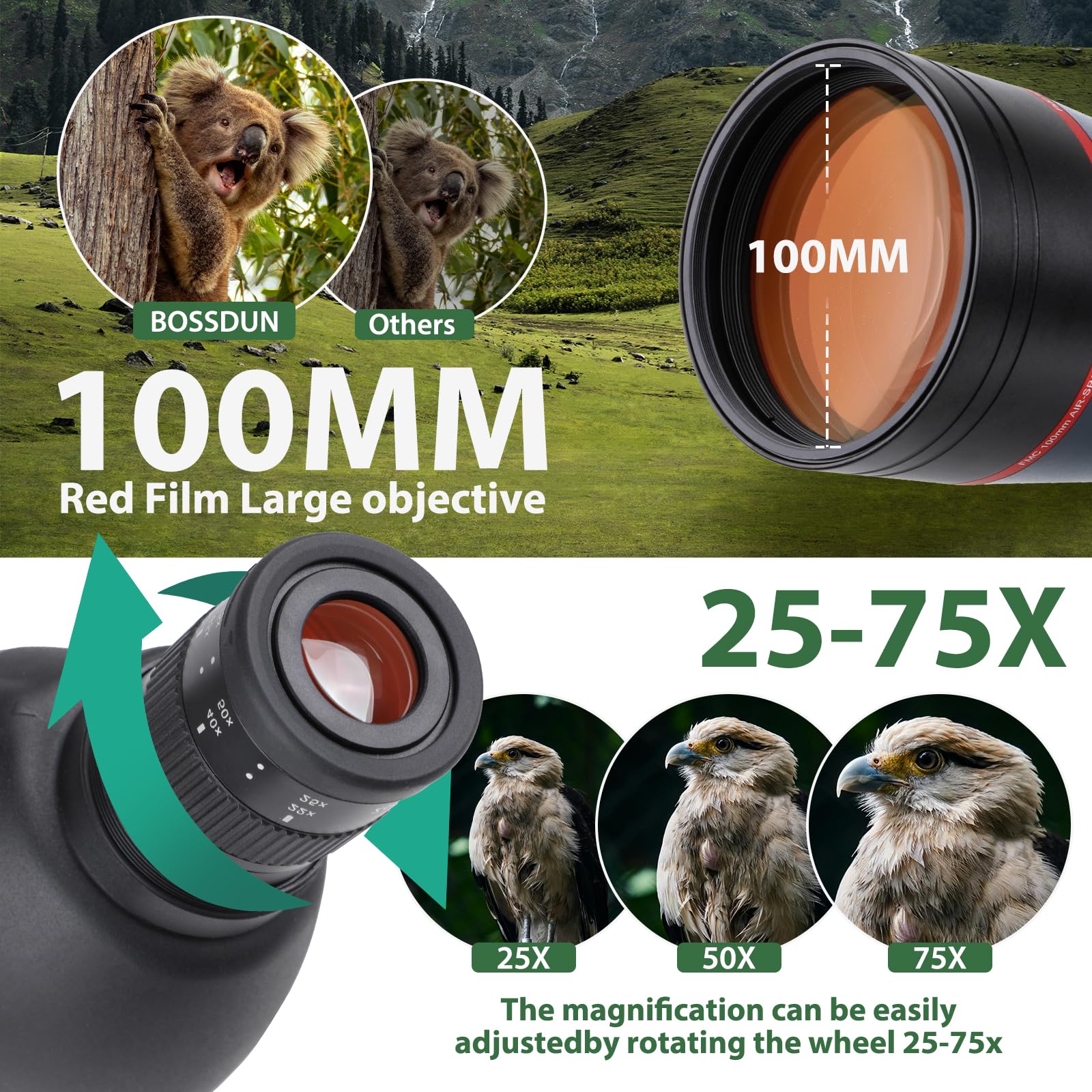 25-75 x 100 HD strzelanka sportowa z adapterem statywu i smartfona, Zoom Bak4 Prism FMC Lens 45-stopniowy teleskop do obserwacji ptaków, dzikiej przyrody, polowania, obserwacji dzikich zwierząt (100 g