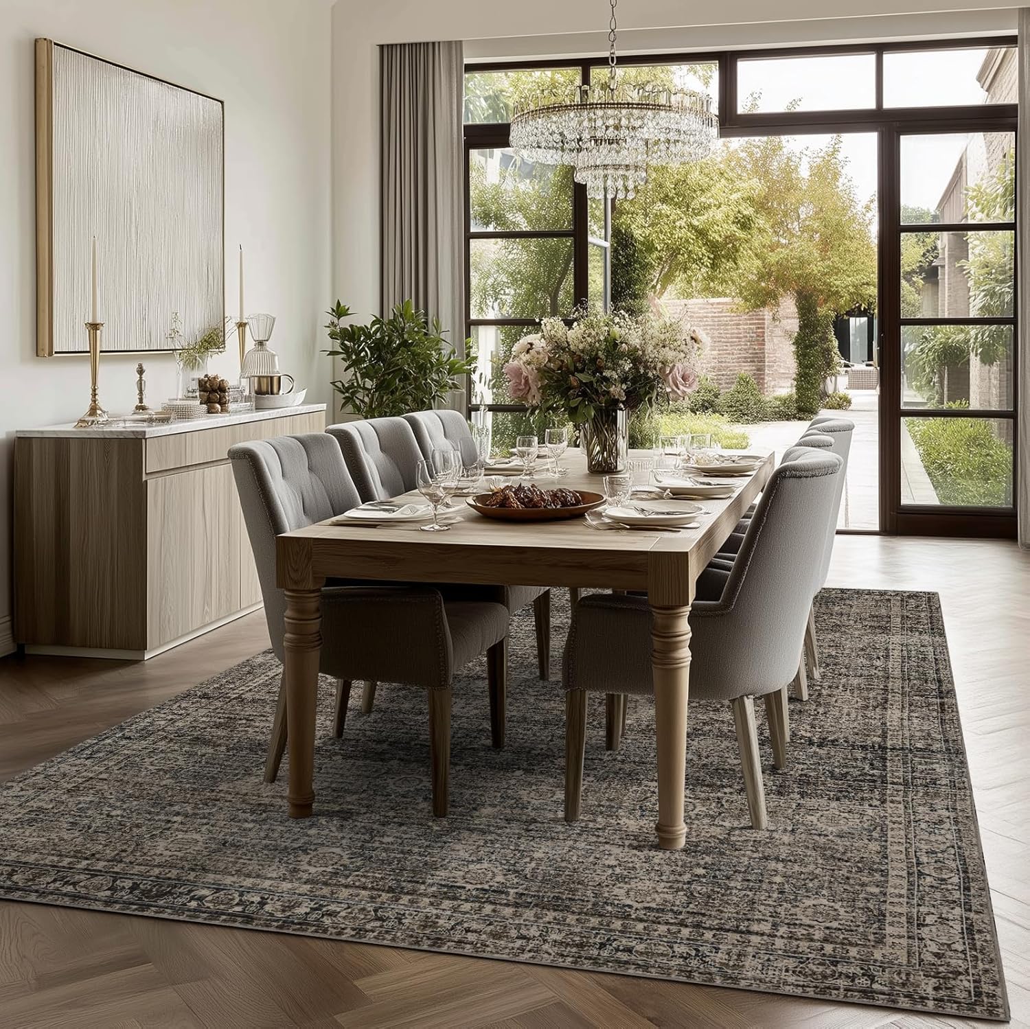 Washable Area Rugs 8x10, Large Rugs for Living Room, Carpet for Bedroom, Soft Faux Wool Retro Dining Room Rug, Non-Slip Backing Resistant Low Pile Vintage Print Rug for Home Office (Brown)