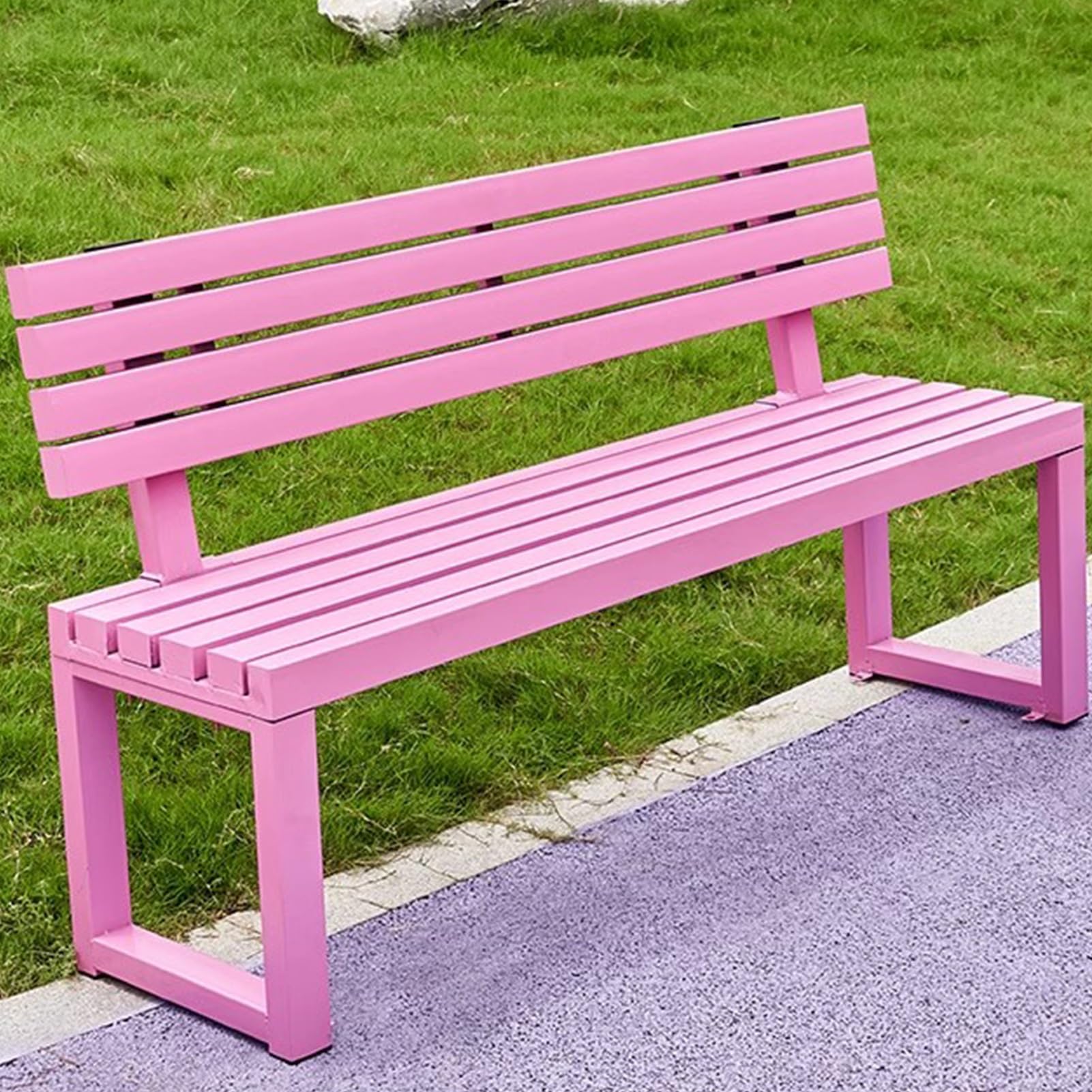 Ławka ogrodowa, metalowa ławka z oparciem, ławka parkowa na patio, drewniana powierzchnia stołka, na werandę, do ogrodu, parku, na trawnik (różowa, 120 cm/47,2 cala) (różowa 150 cm/59 cali)